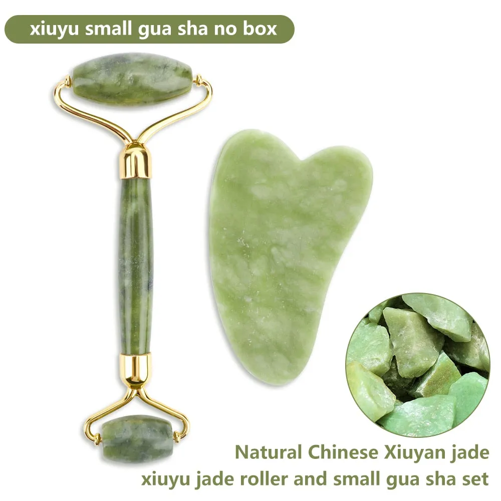 Natural Rose Quartz Jade Roller Gua Sha Set Facial Body Massager Roller Jade Stone Massage Set Face Lifting Beauty Massage Tools