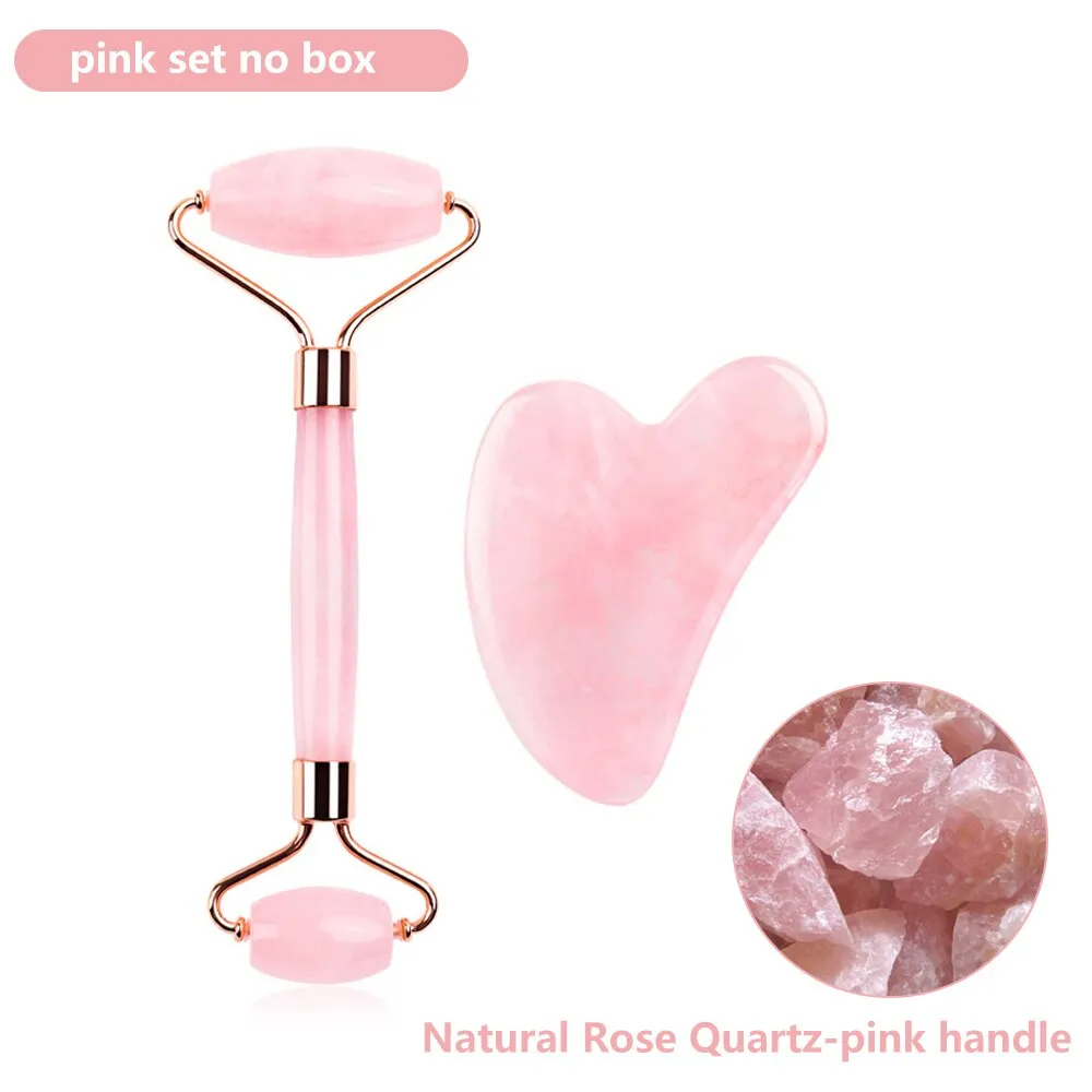 Natural Rose Quartz Jade Roller Gua Sha Set Facial Body Massager Roller Jade Stone Massage Set Face Lifting Beauty Massage Tools