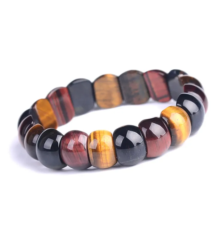 Natural Tiger Eye Stone Hand Row Bracelet - Red Yellow Blue