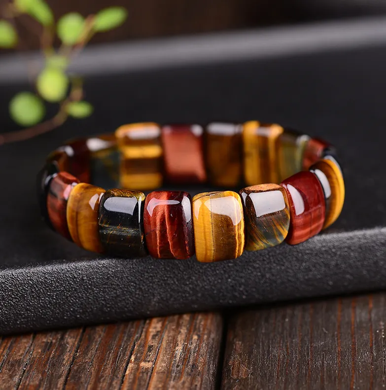 Natural Tiger Eye Stone Hand Row Bracelet - Red Yellow Blue