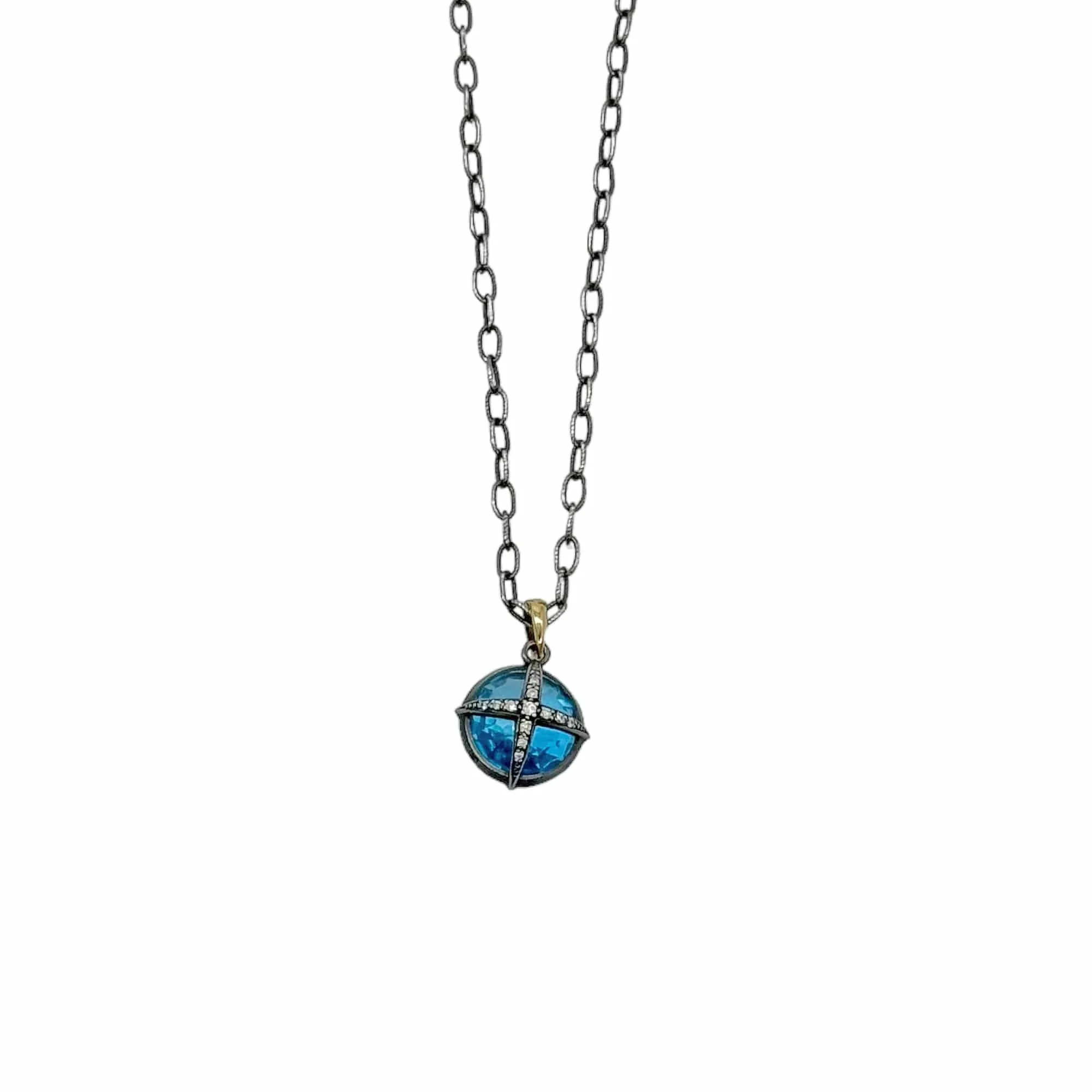 NECKLACE 14K White Gold with Semi-Precious Blue Stone & Diamond Celestial Sphere Pendant