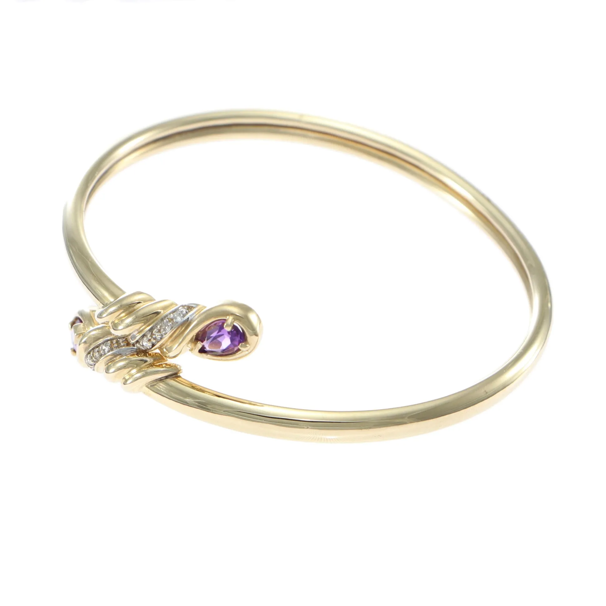 Pear Amethyst Diamond Bypass Bangle Bracelet 14k Yellow Gold 6.5" inches 12.9g