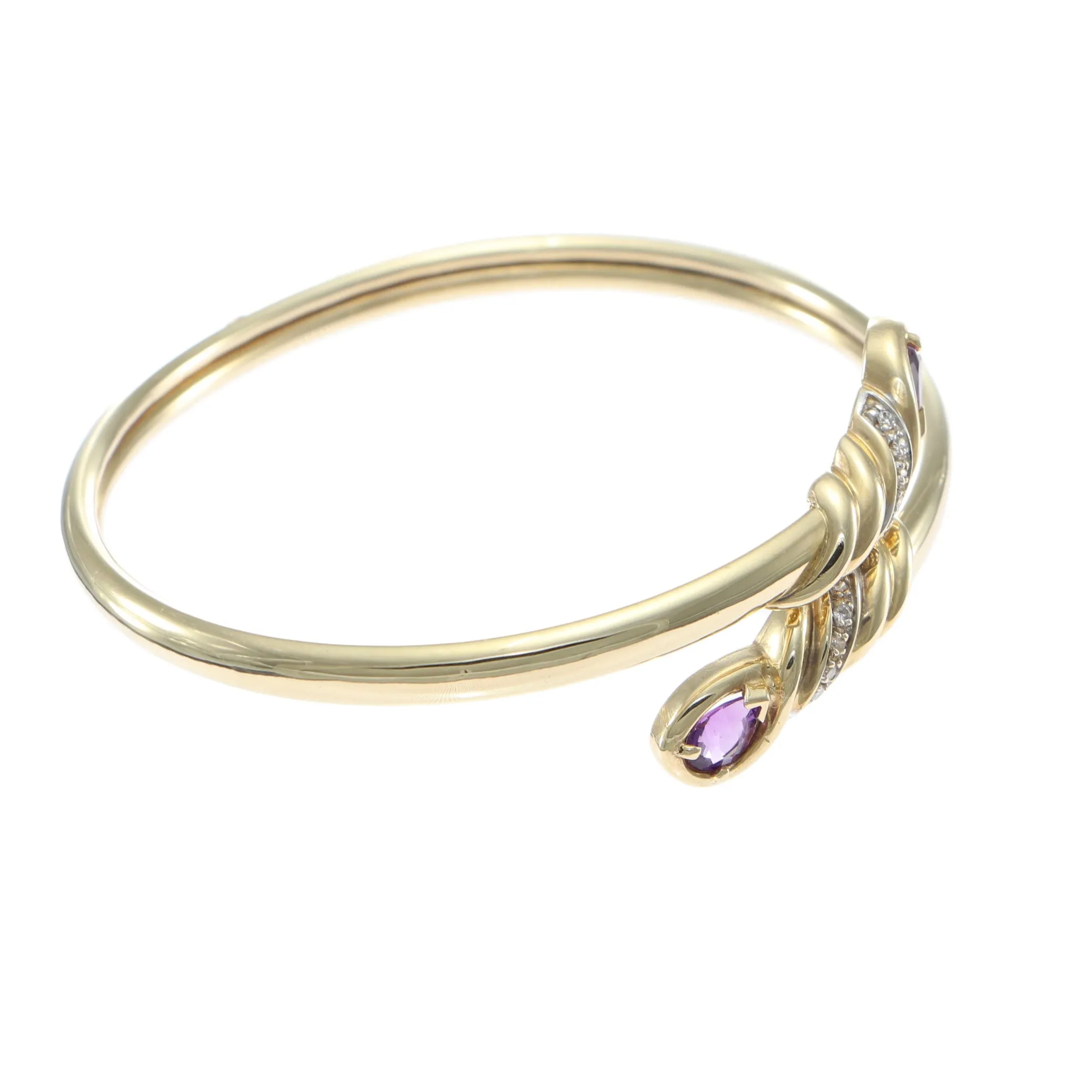 Pear Amethyst Diamond Bypass Bangle Bracelet 14k Yellow Gold 6.5" inches 12.9g