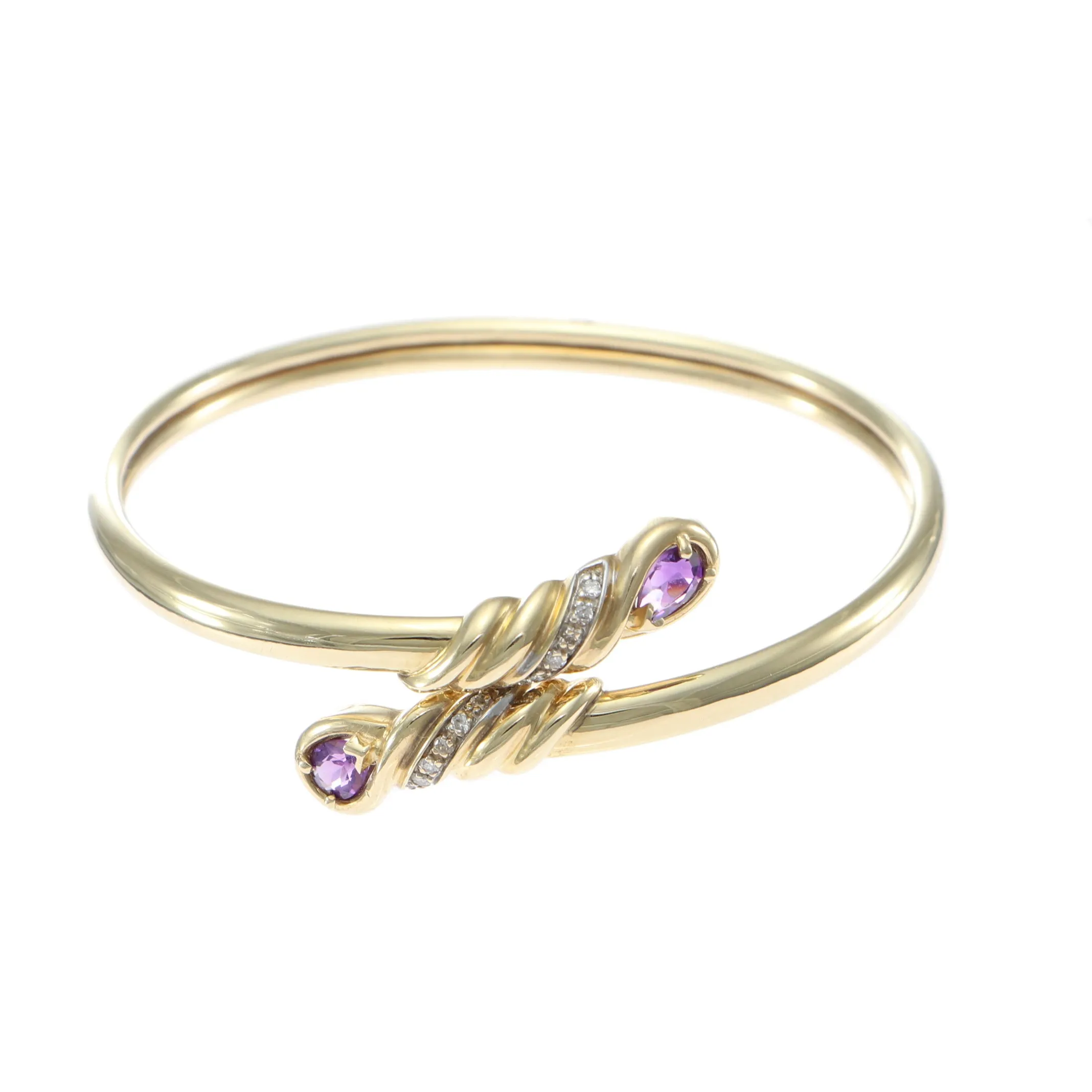 Pear Amethyst Diamond Bypass Bangle Bracelet 14k Yellow Gold 6.5" inches 12.9g