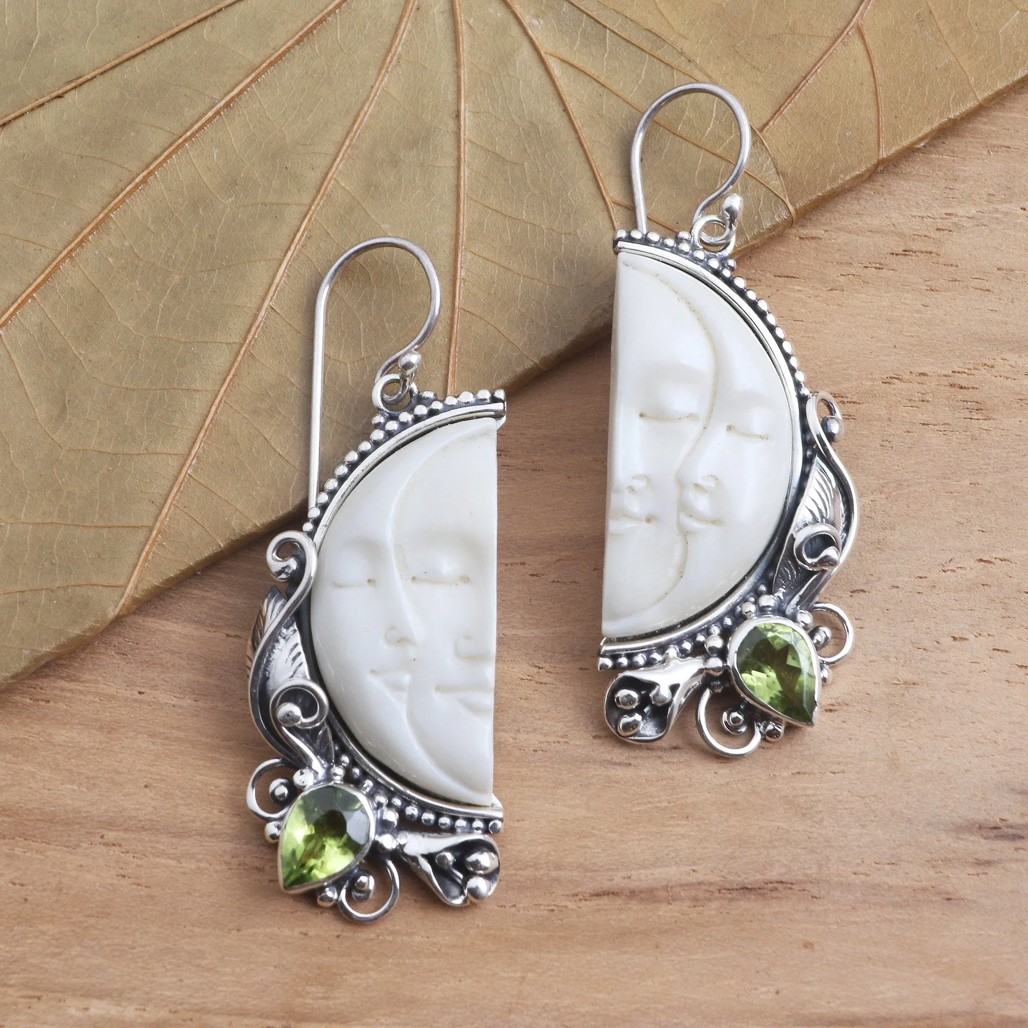 Peridot and Sterling Silver Moon Dangle Earrings - Cheek to Cheek | NOVICA