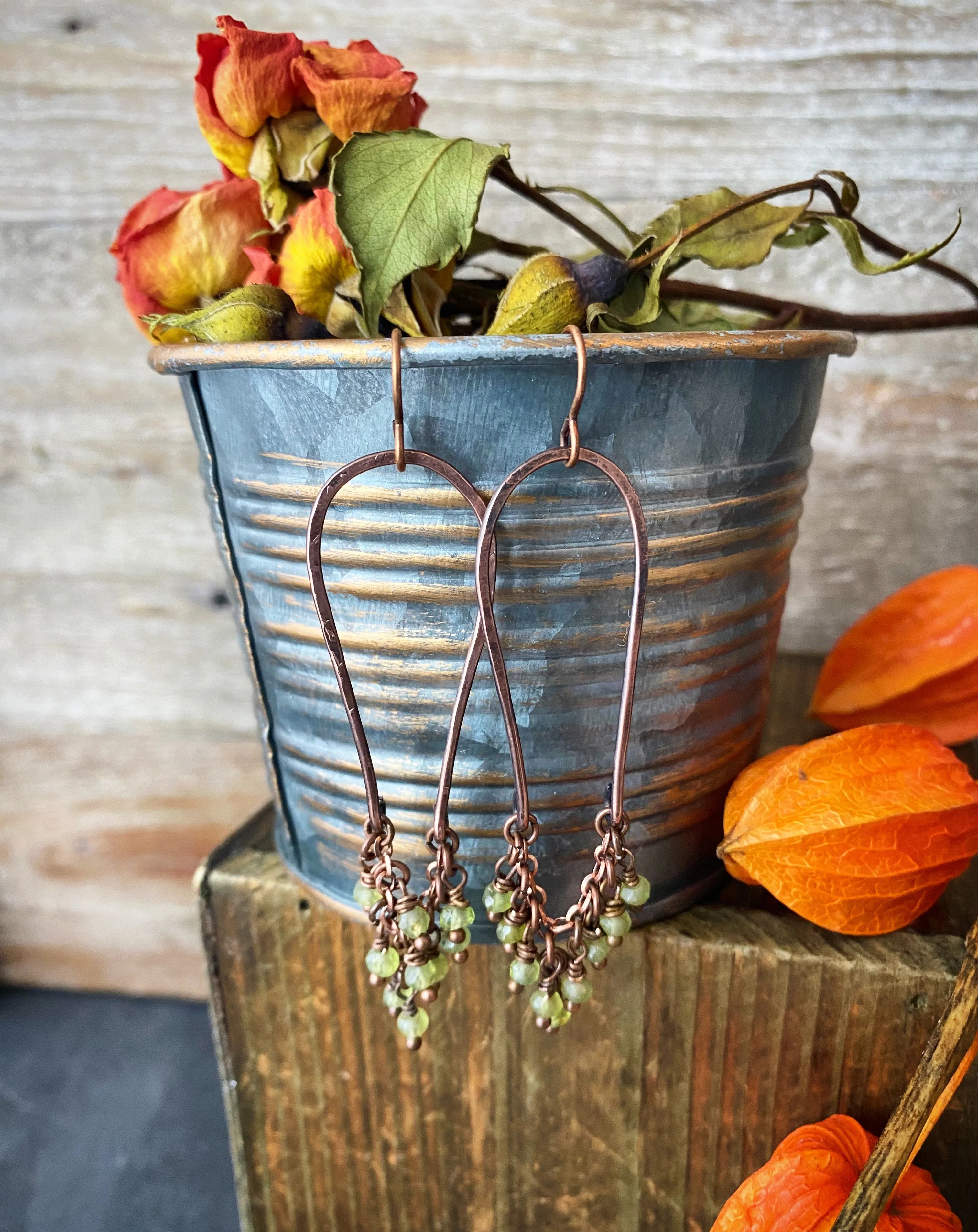 Peridot faceted stone, copper wire wrapped, earrings