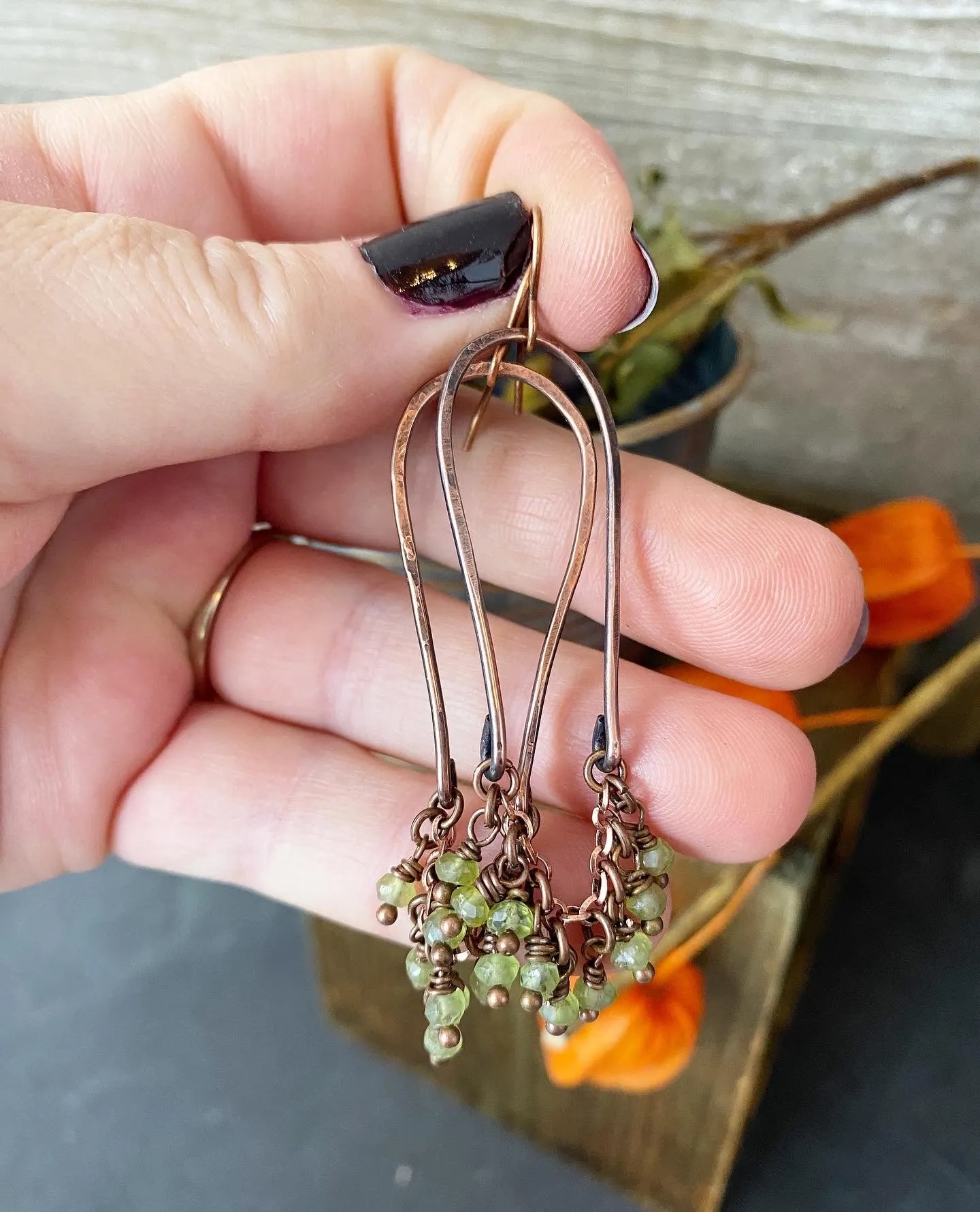 Peridot faceted stone, copper wire wrapped, earrings