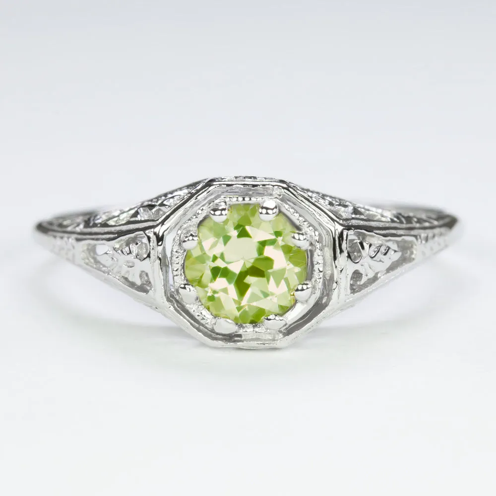 PERIDOT STERLING SILVER RING VINTAGE STYLE ROUND GEMSTONE FILIGREE SOLITAIRE