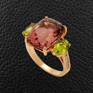 Pink Tourmaline, Peridot & Diamond Ring