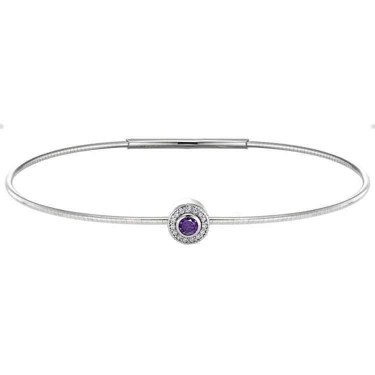 Platinum Finish Sterling Silver Round Simulated Amethyst Birth Gem Bracelet with Simulated Diamonds