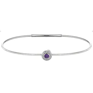 Platinum Finish Sterling Silver Round Simulated Amethyst Birth Gem Bracelet with Simulated Diamonds