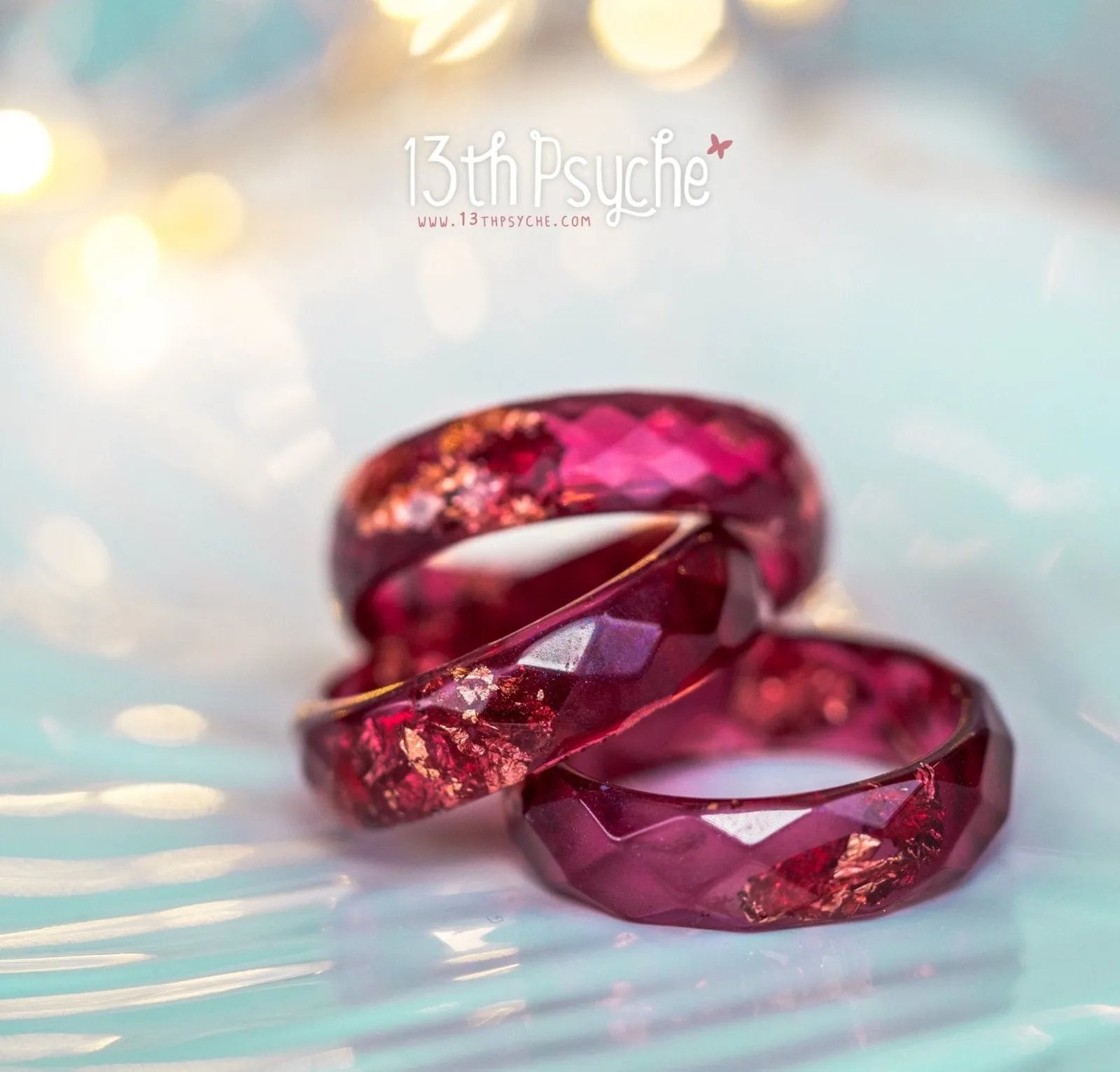 Plum and rose gold flakes faceted resin ring