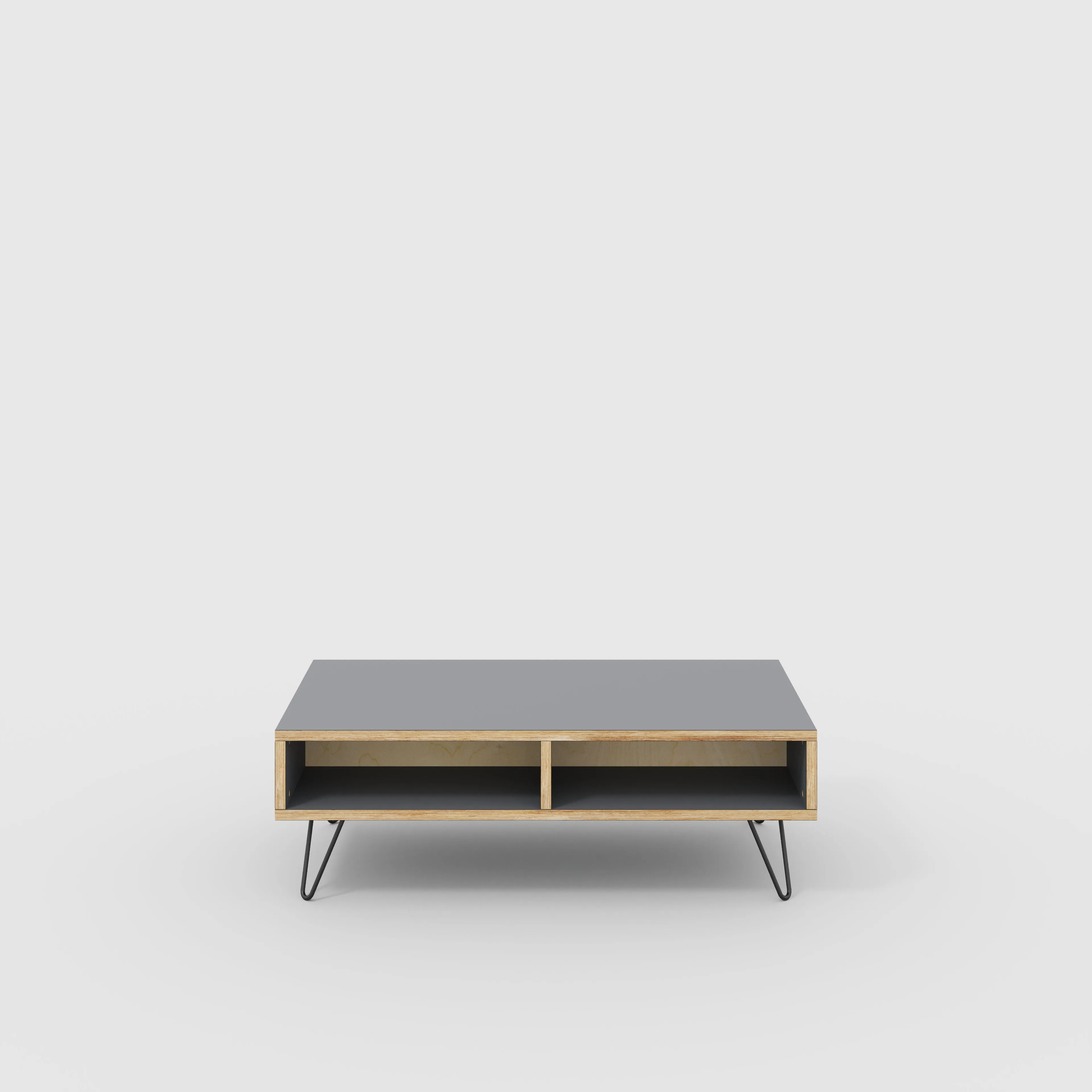 Plywood Coffee Table with Box Storage and Black Hairpin Legs - Formica Tornado Grey - 1200(w) x 600(d) x 400(h)