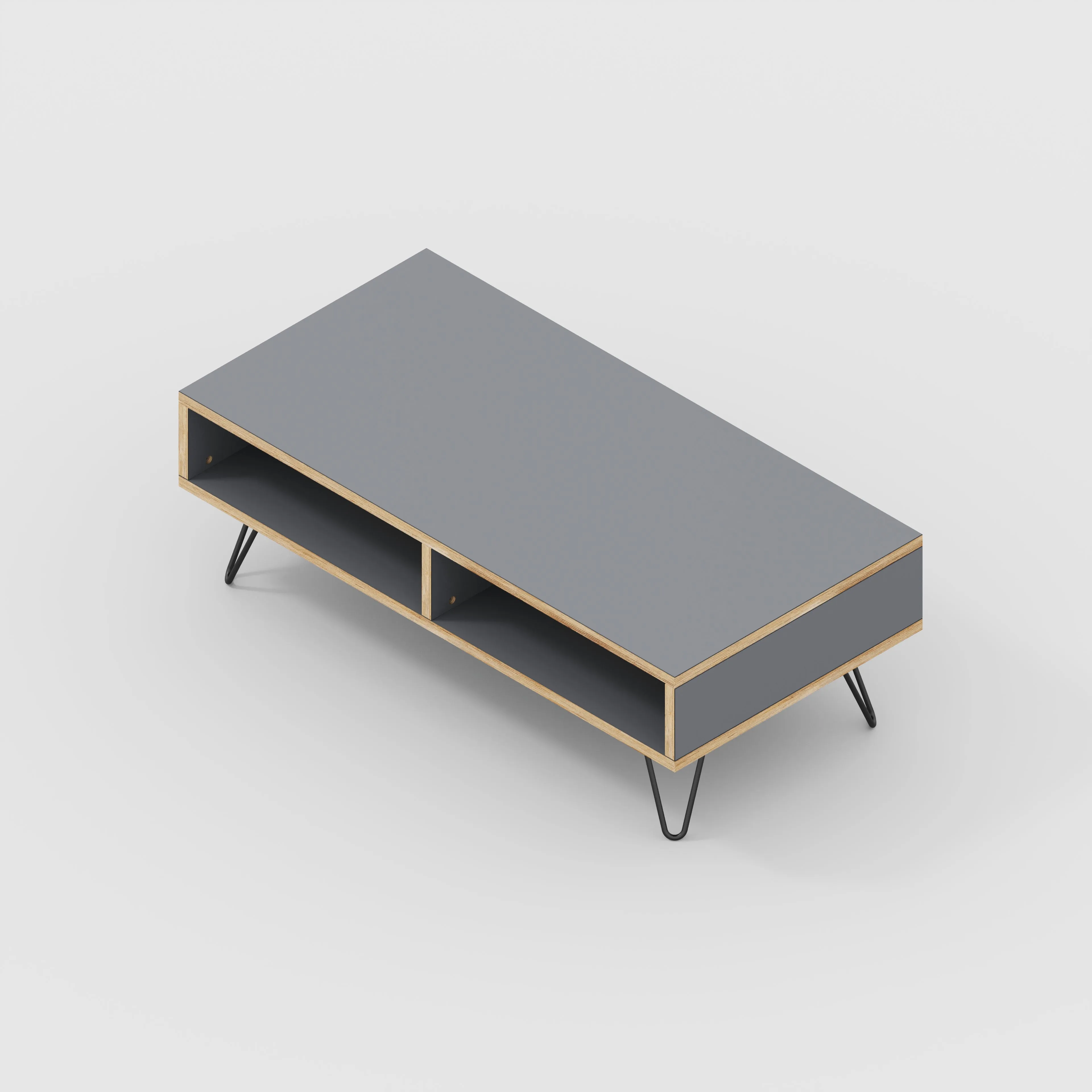 Plywood Coffee Table with Box Storage and Black Hairpin Legs - Formica Tornado Grey - 1200(w) x 600(d) x 400(h)