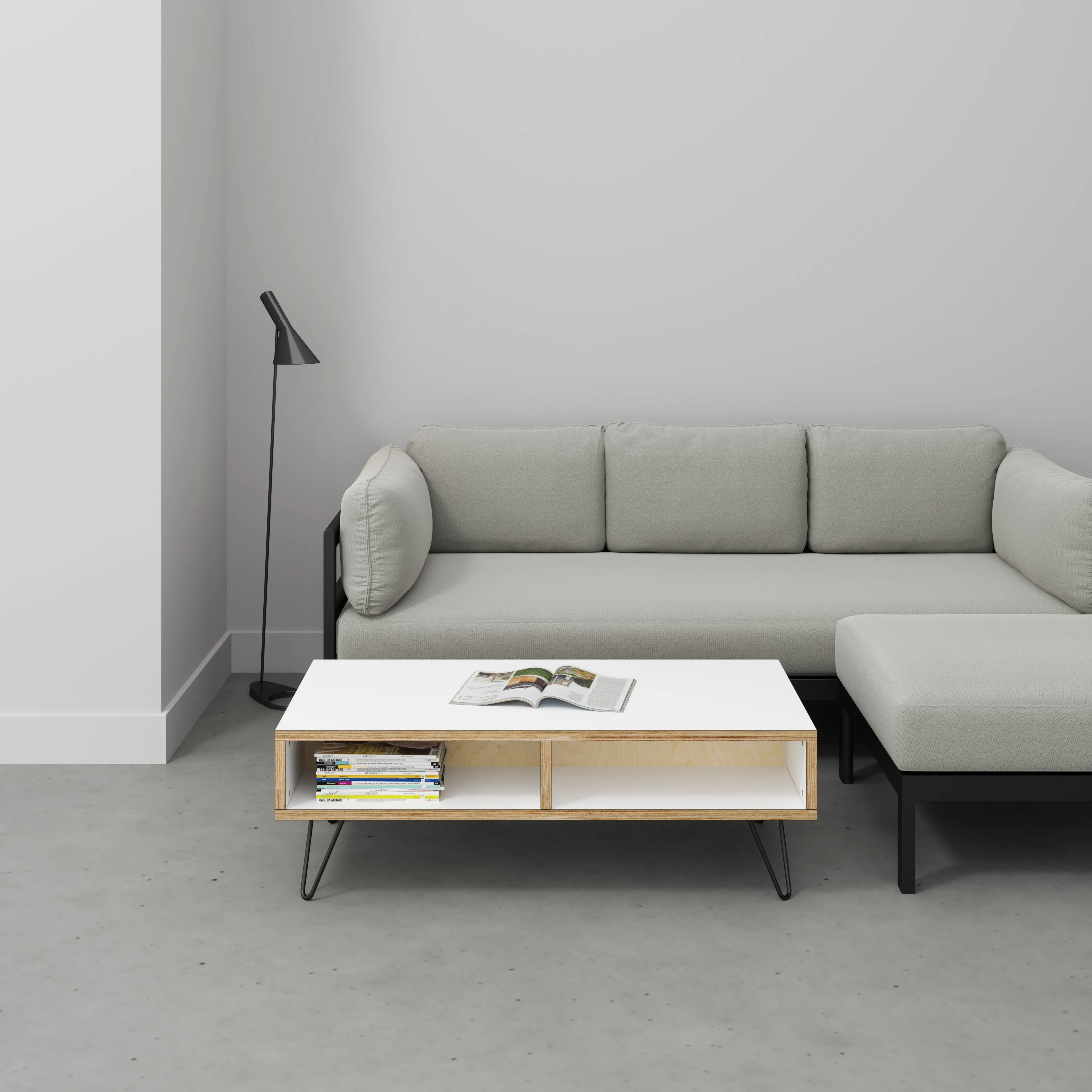 Plywood Coffee Table with Box Storage and Black Hairpin Legs - Formica White - 1200(w) x 600(d) x 400(h)