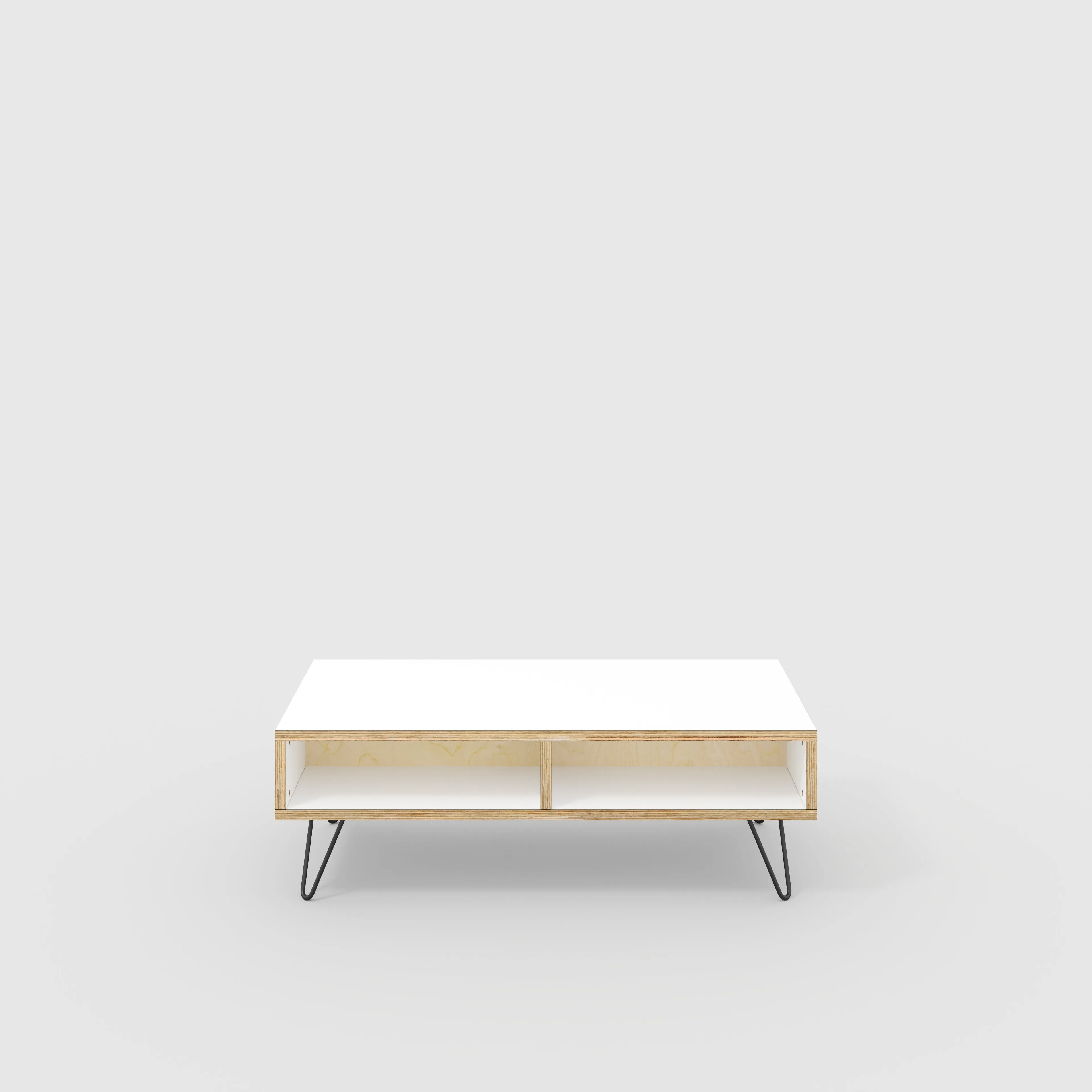 Plywood Coffee Table with Box Storage and Black Hairpin Legs - Formica White - 1200(w) x 600(d) x 400(h)