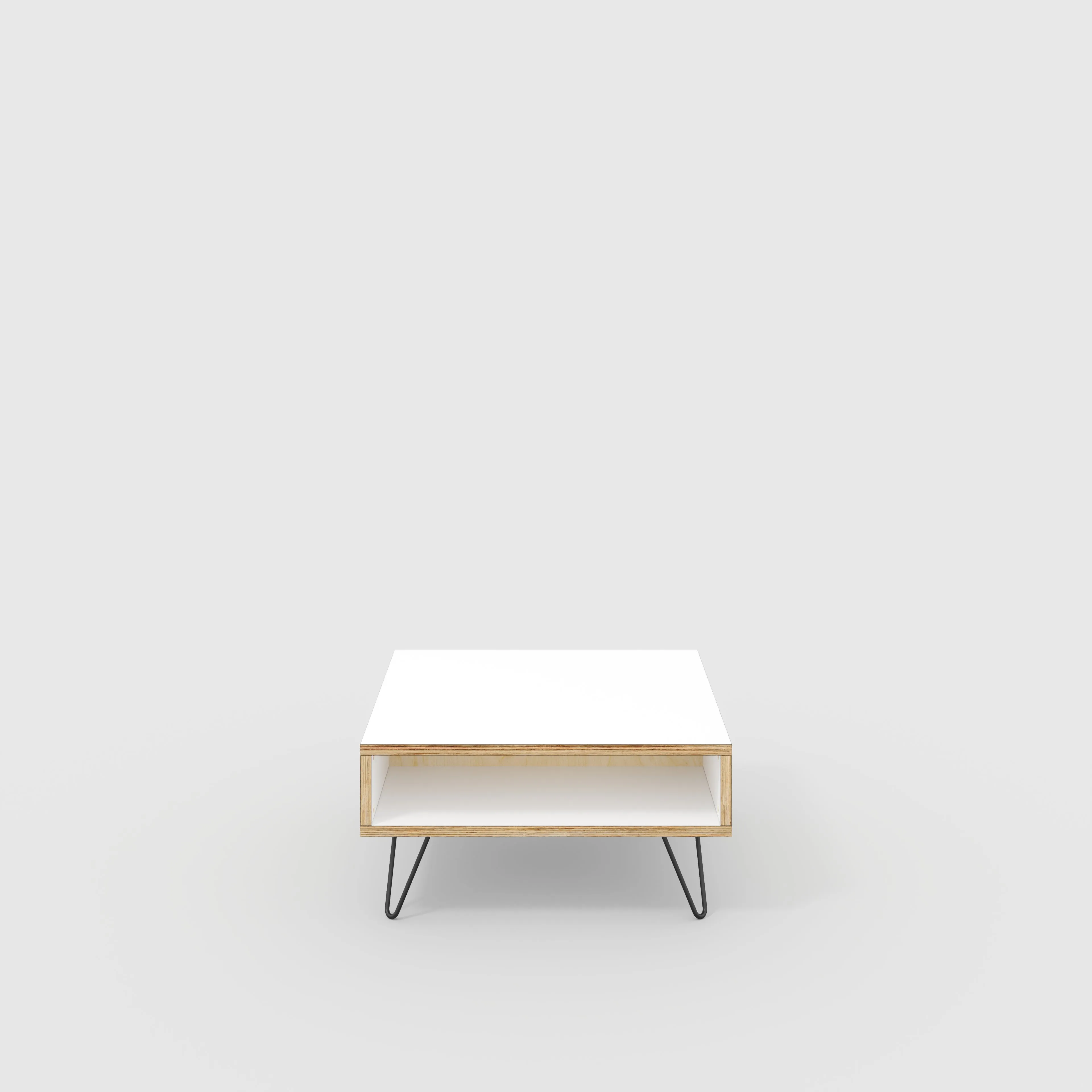 Plywood Coffee Table with Box Storage and Black Hairpin Legs - Formica White - 800(w) x 800(d) x 400(h)