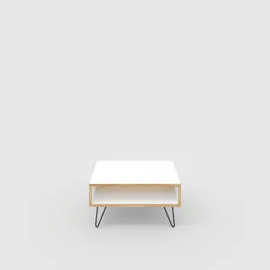 Plywood Coffee Table with Box Storage and Black Hairpin Legs - Formica White - 800(w) x 800(d) x 400(h)