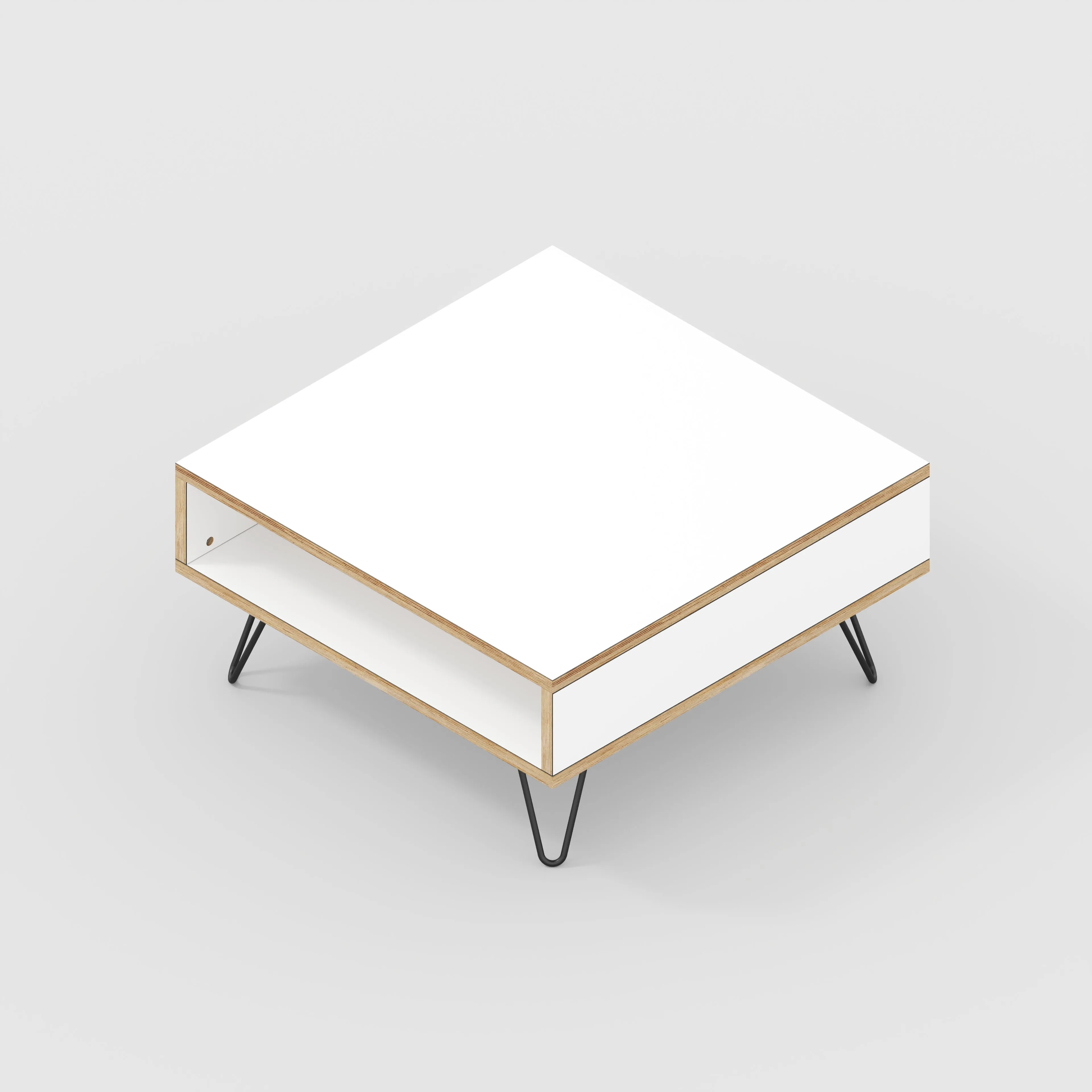 Plywood Coffee Table with Box Storage and Black Hairpin Legs - Formica White - 800(w) x 800(d) x 400(h)