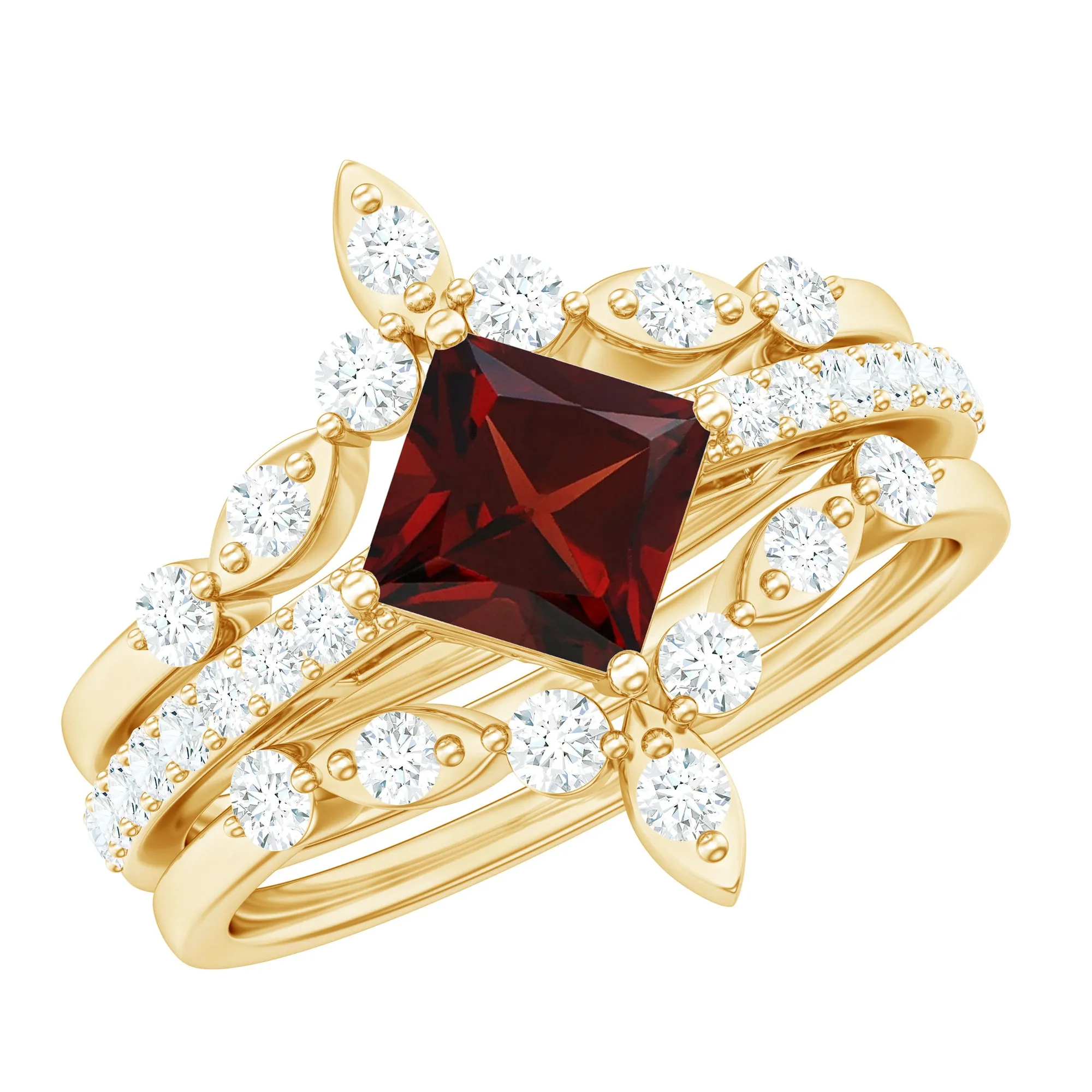 Princess Cut Garnet and Moissanite Trio Wedding Ring Set