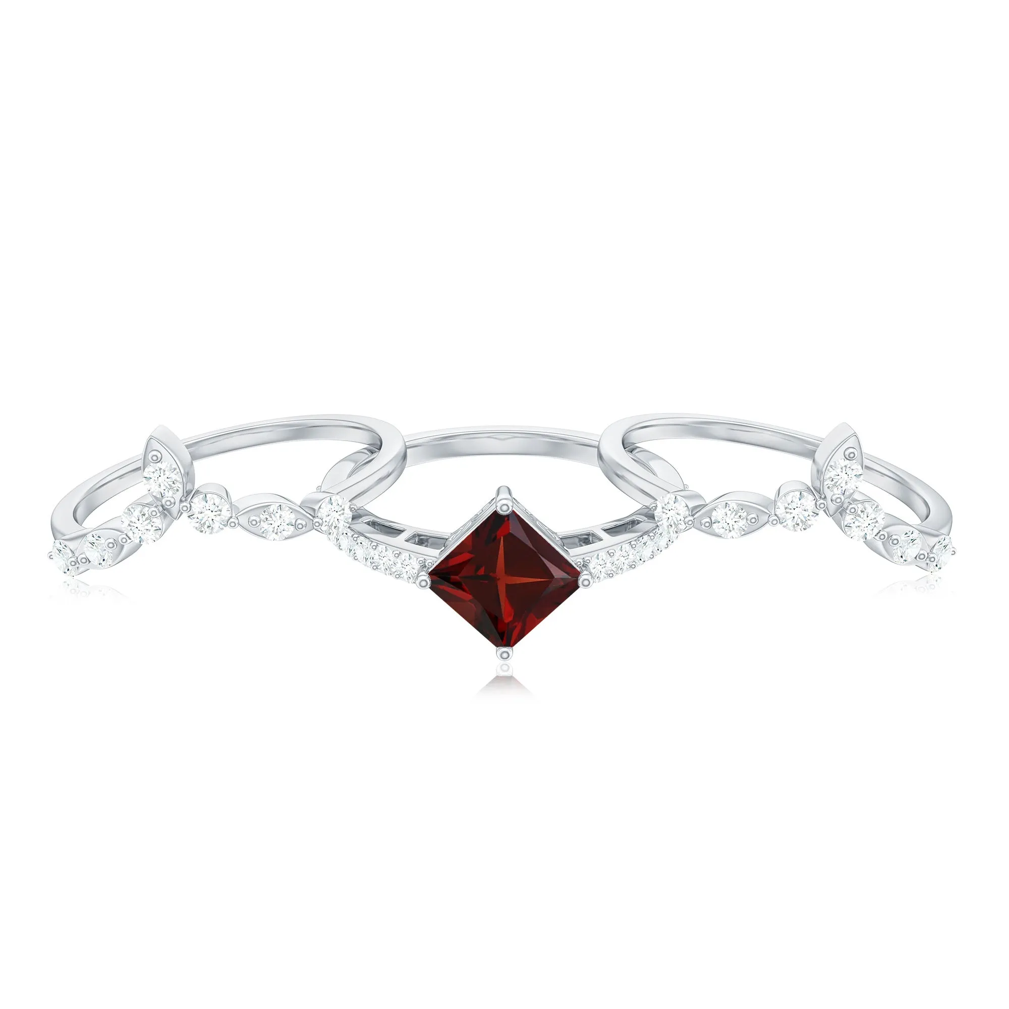 Princess Cut Garnet and Moissanite Trio Wedding Ring Set