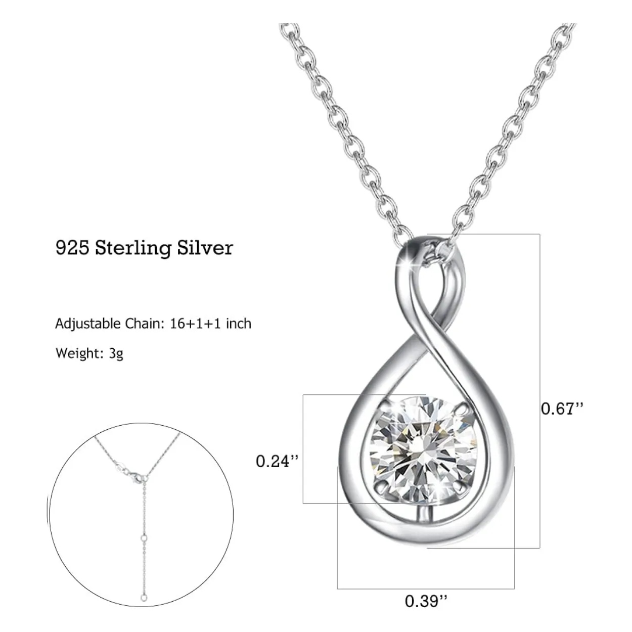 "Infinite Embrace" April Birthstone Cubic Zirconia Stone Infinity Symbol Sterling Silver Pendant Necklace