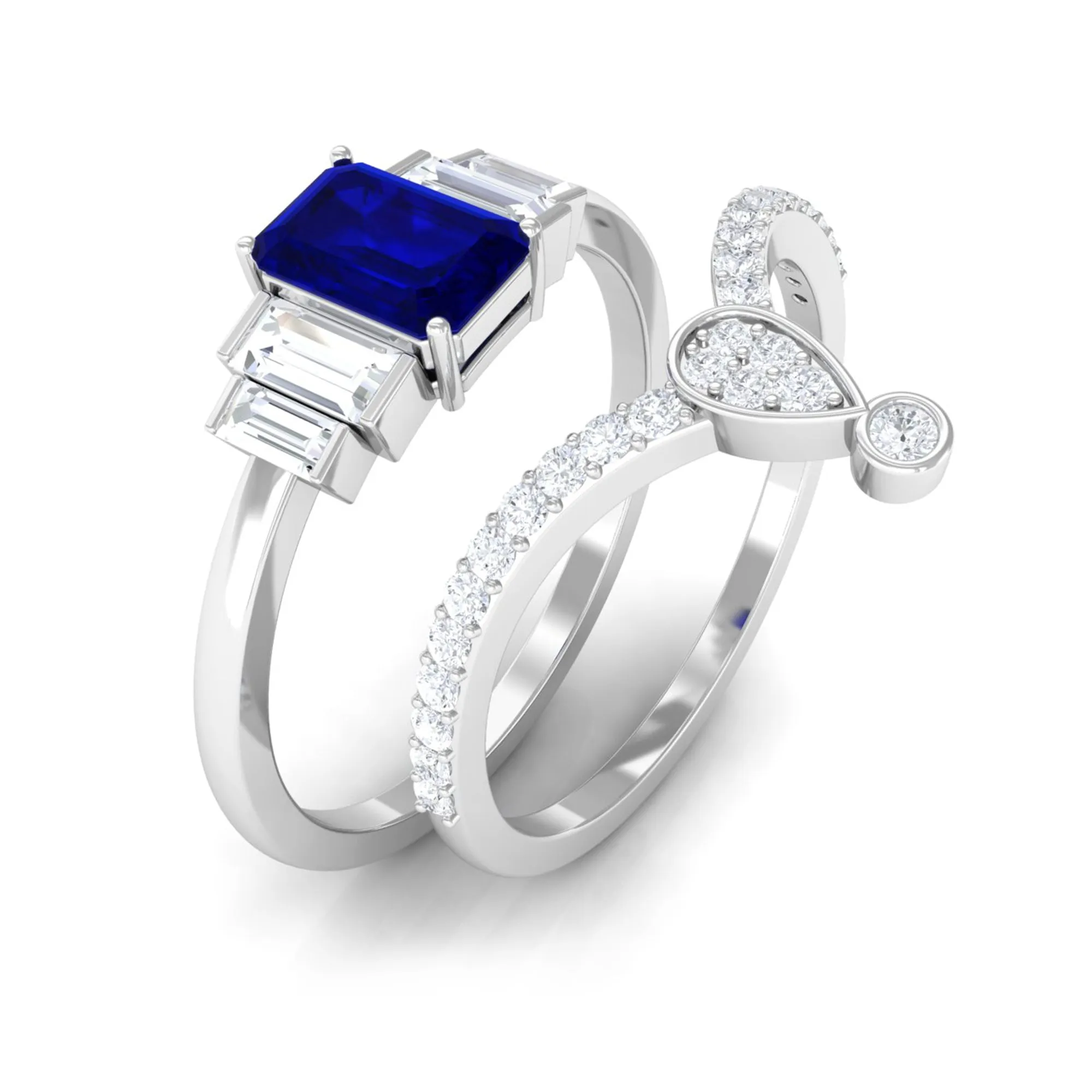 Real Blue Sapphire and Moissanite Ring Set