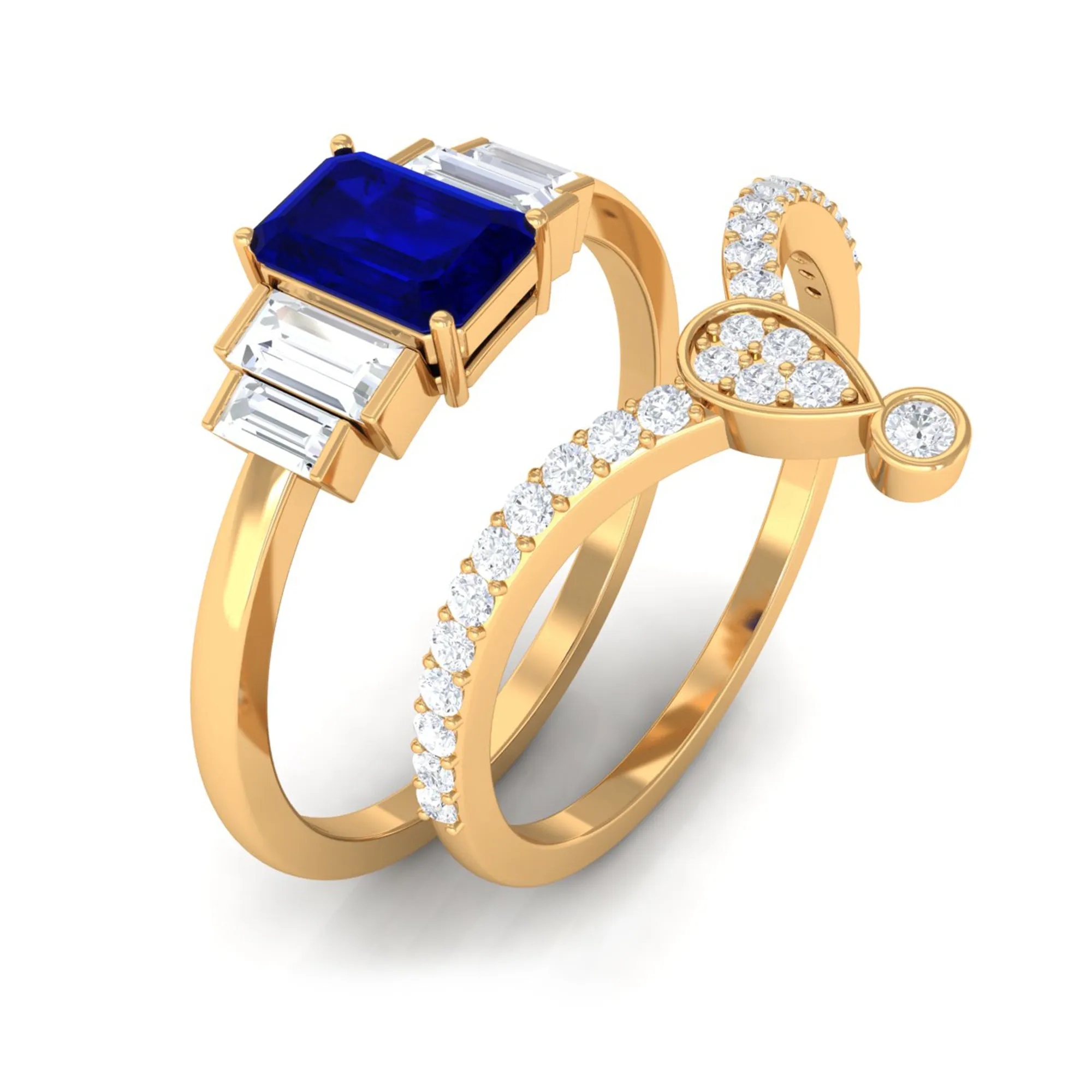 Real Blue Sapphire and Moissanite Ring Set