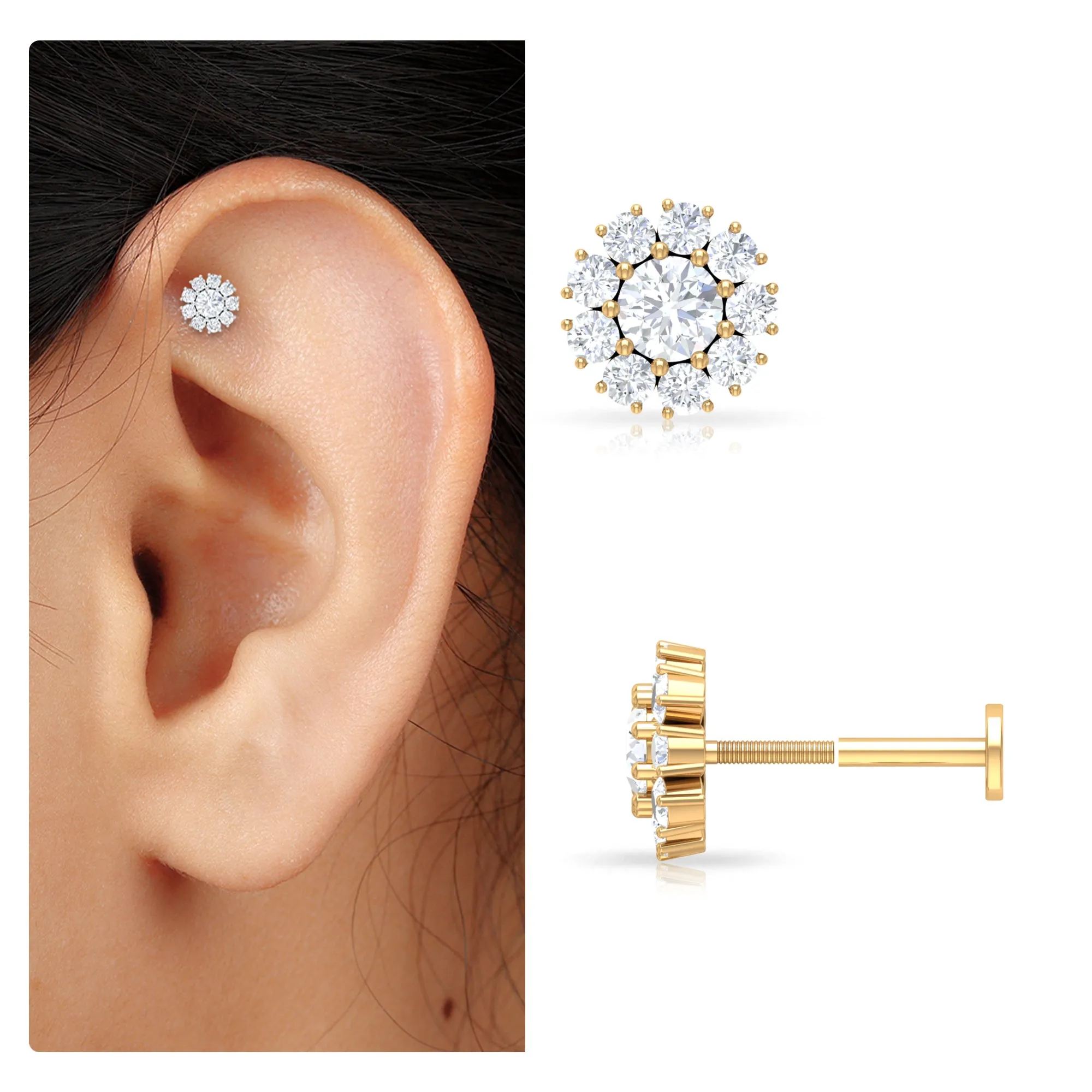 Real Diamond Cluster Helix Stud Earring with Flat Back