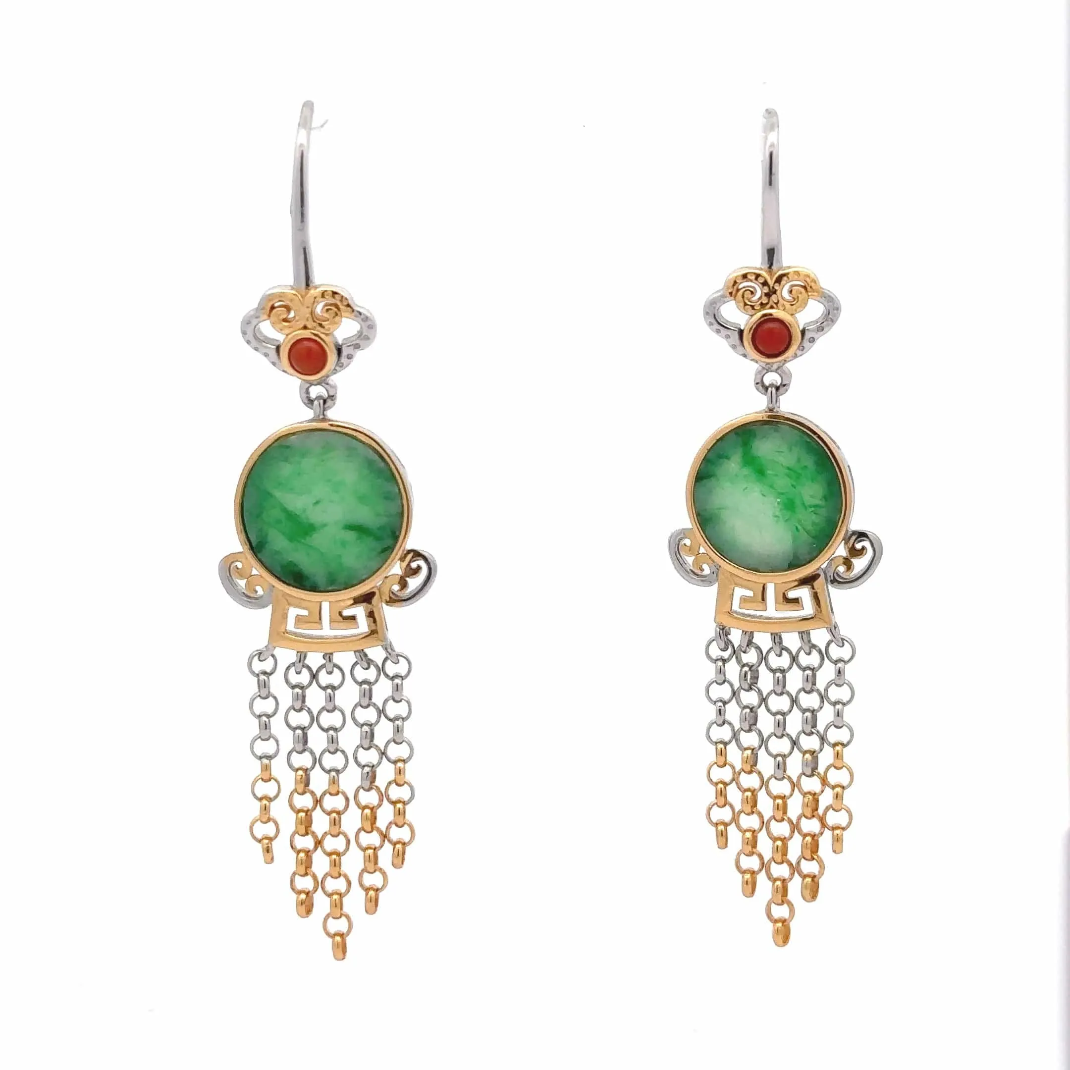 RealJade® Co. Antique Natural Jadeite Jade Sterling Silver Gold Plated Two Tone Dangle Earrings