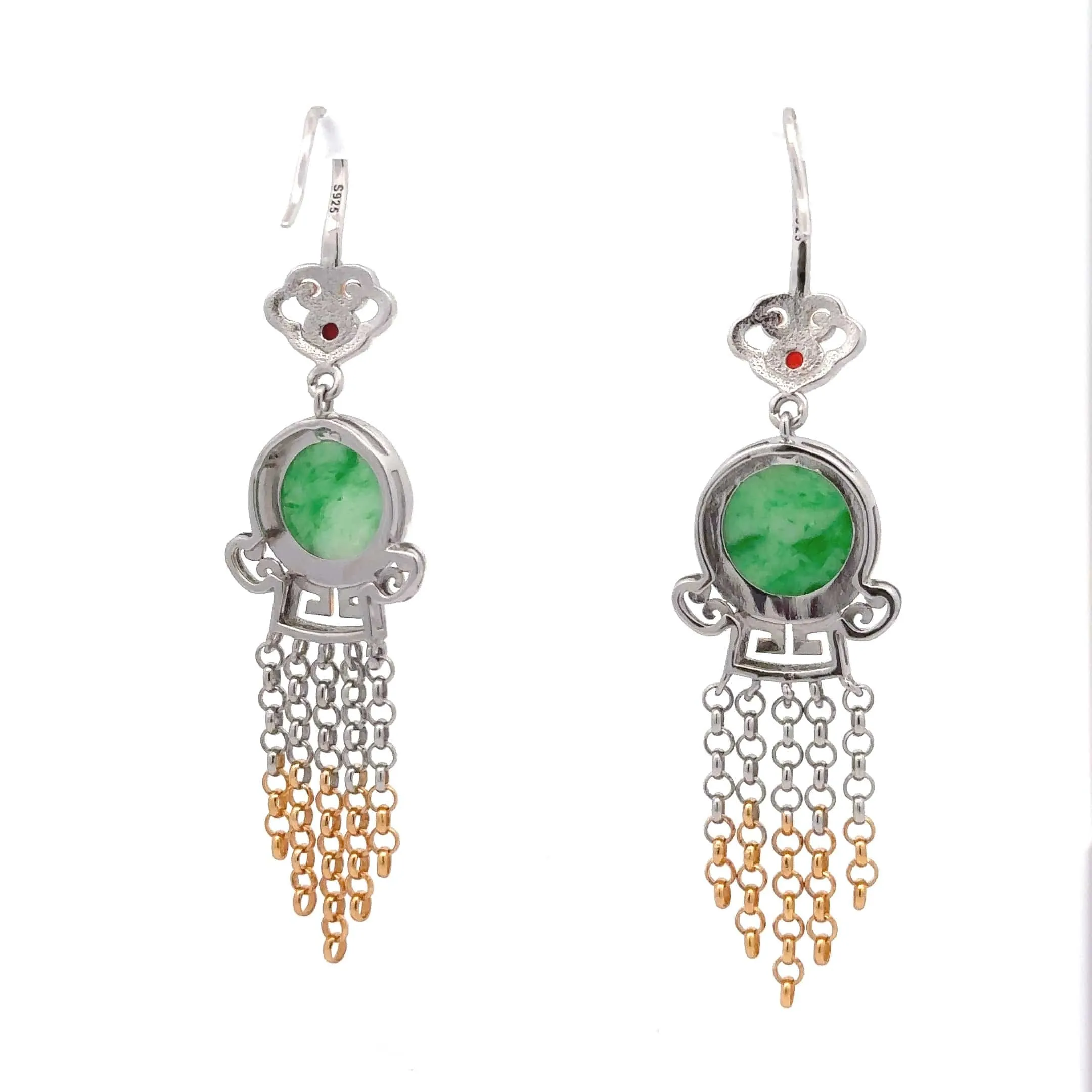 RealJade® Co. Antique Natural Jadeite Jade Sterling Silver Gold Plated Two Tone Dangle Earrings