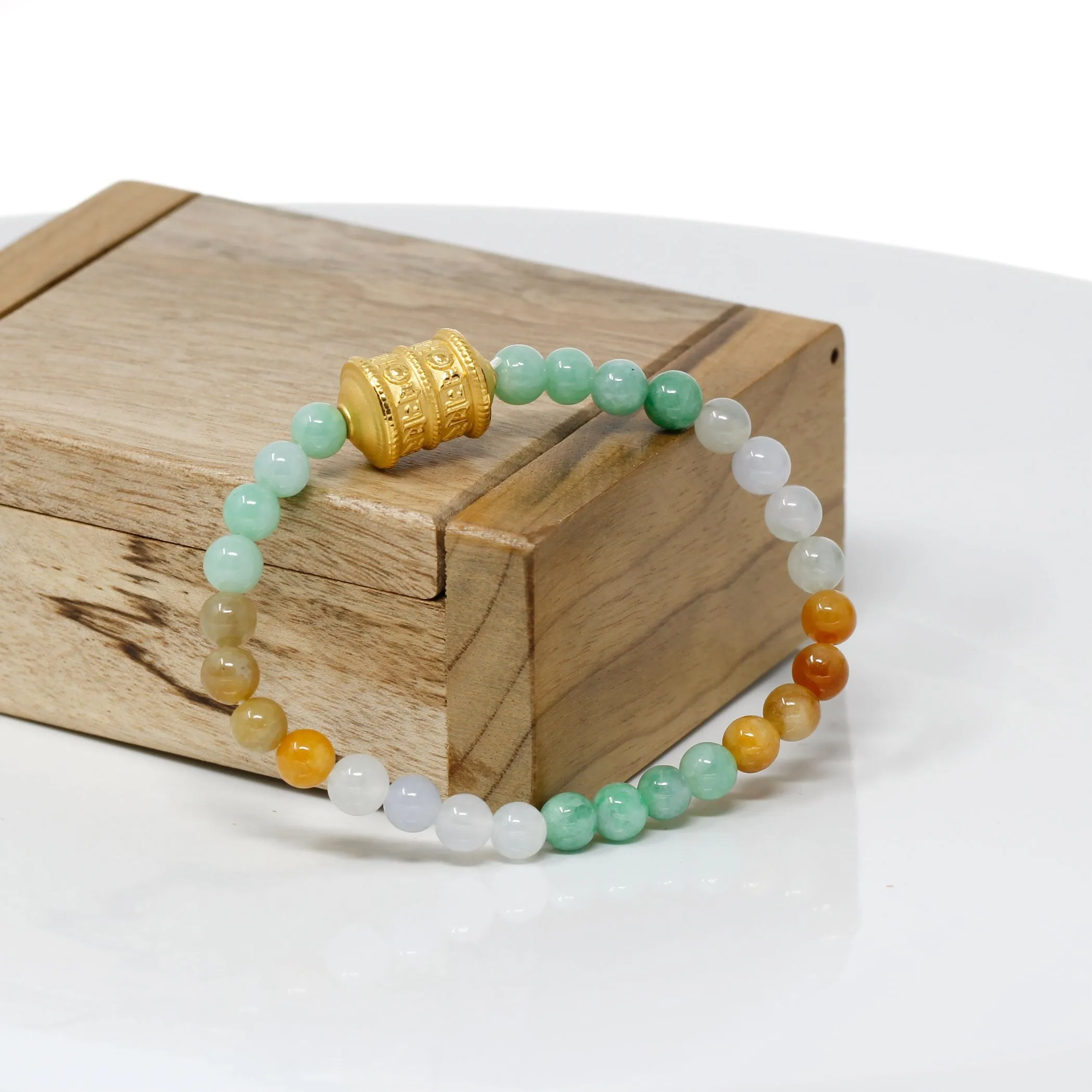 RealJade® "Prayer Wheel" Genuine High-quality Jade Jadeite Bracelet Bangle with 24k Yellow Gold Buddha Symbol ( Six Word Proverbs ) Charm #419