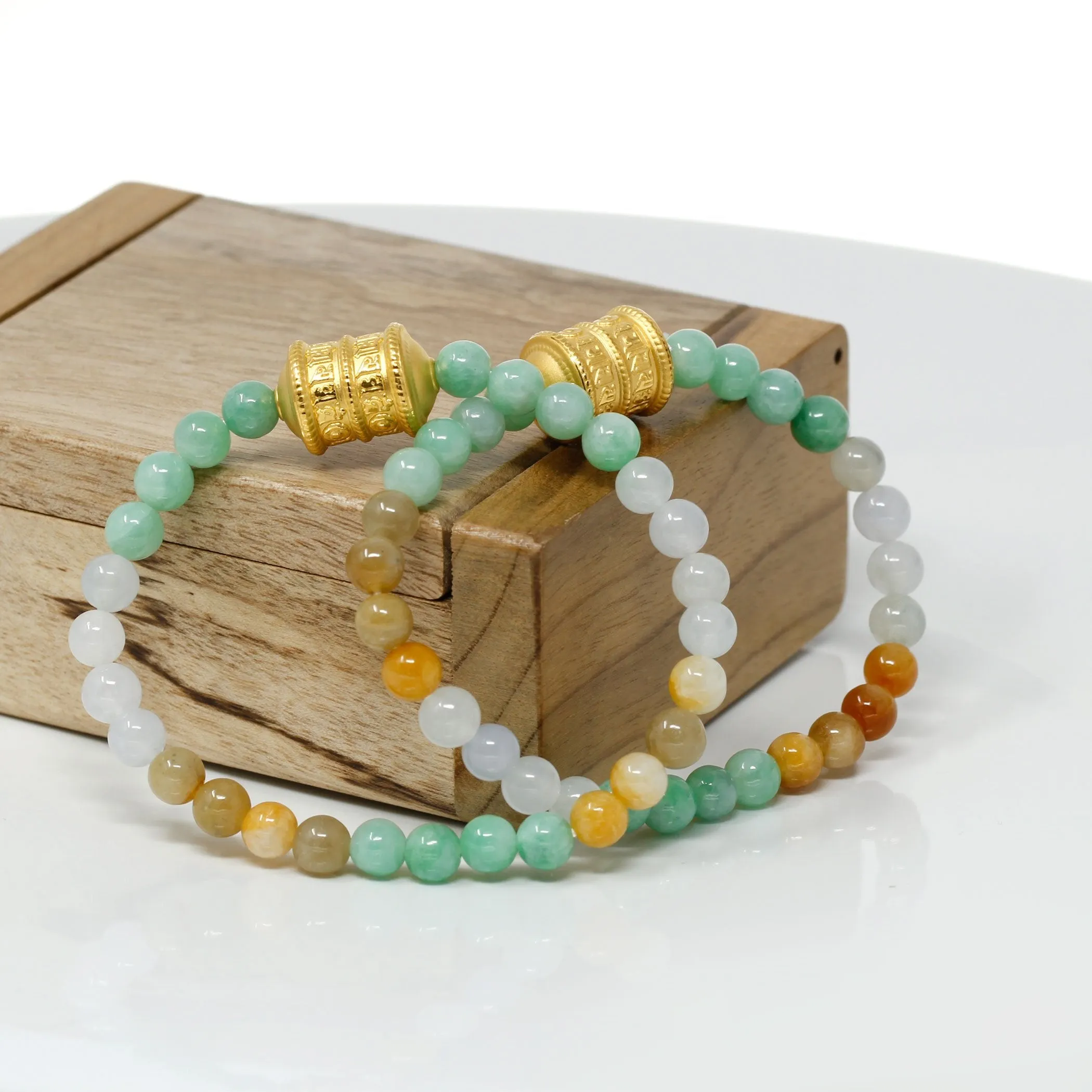 RealJade® "Prayer Wheel" Genuine High-quality Jade Jadeite Bracelet Bangle with 24k Yellow Gold Buddha Symbol ( Six Word Proverbs ) Charm #419