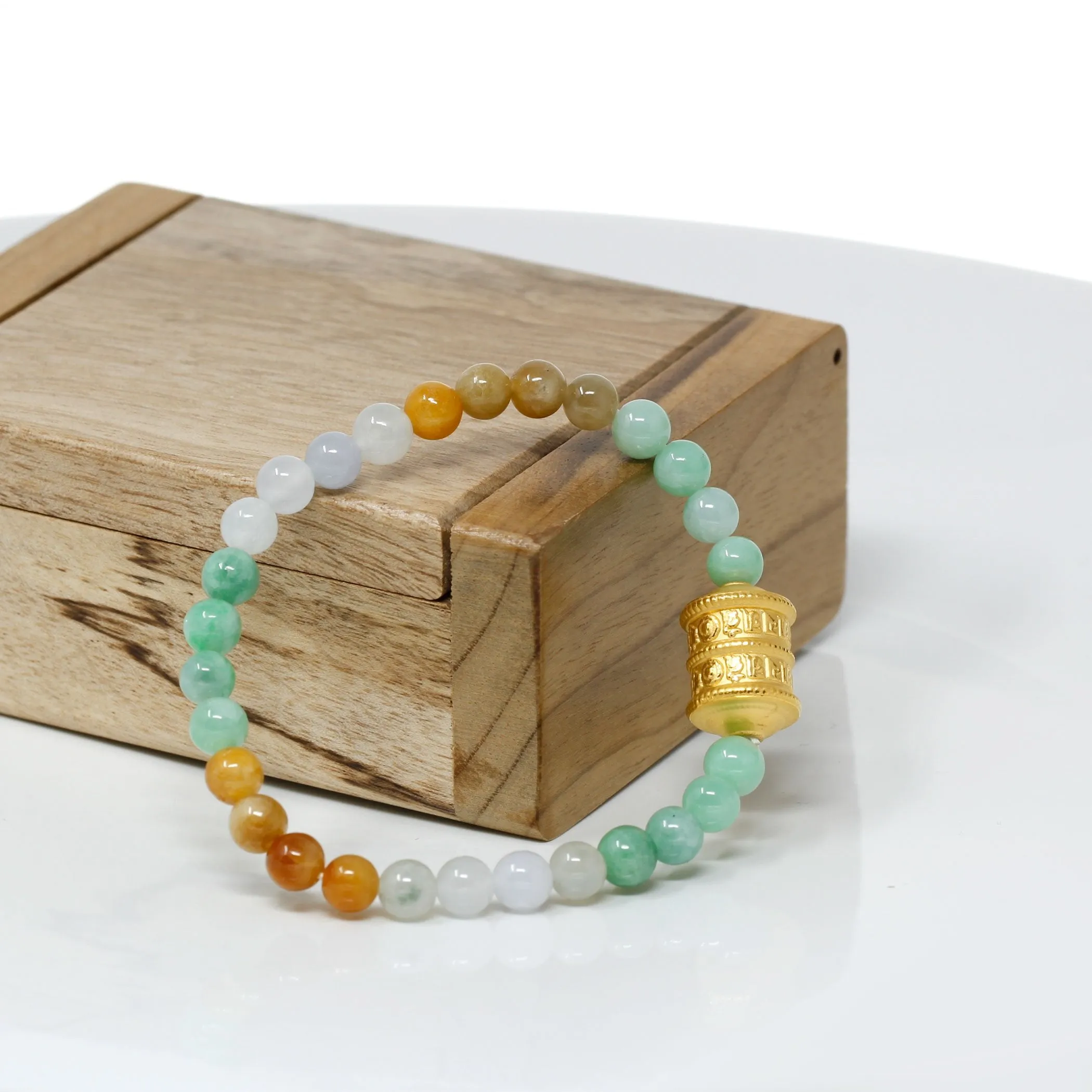 RealJade® "Prayer Wheel" Genuine High-quality Jade Jadeite Bracelet Bangle with 24k Yellow Gold Buddha Symbol ( Six Word Proverbs ) Charm #419