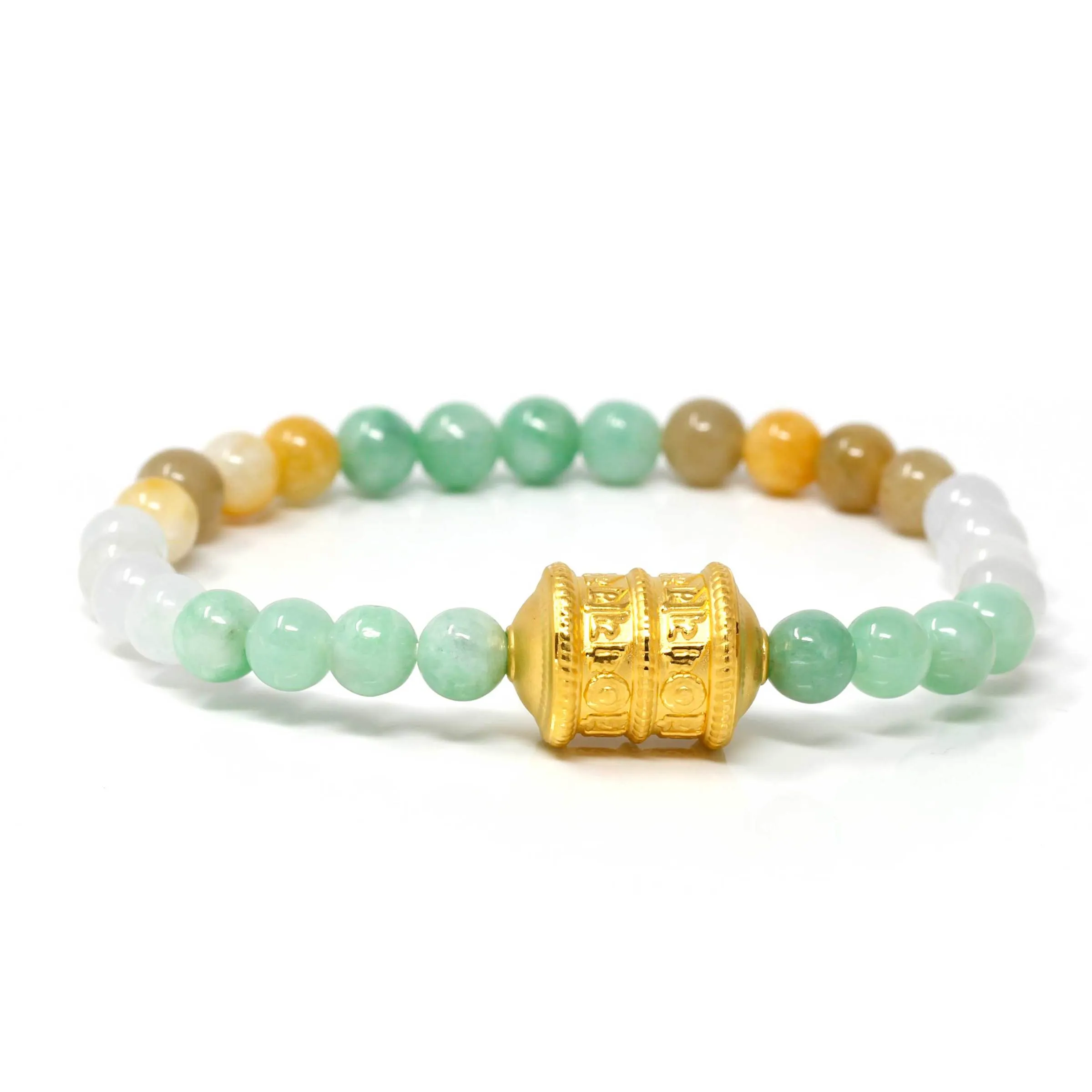 RealJade® "Prayer Wheel" Genuine High-quality Jade Jadeite Bracelet Bangle with 24k Yellow Gold Buddha Symbol ( Six Word Proverbs ) Charm #419