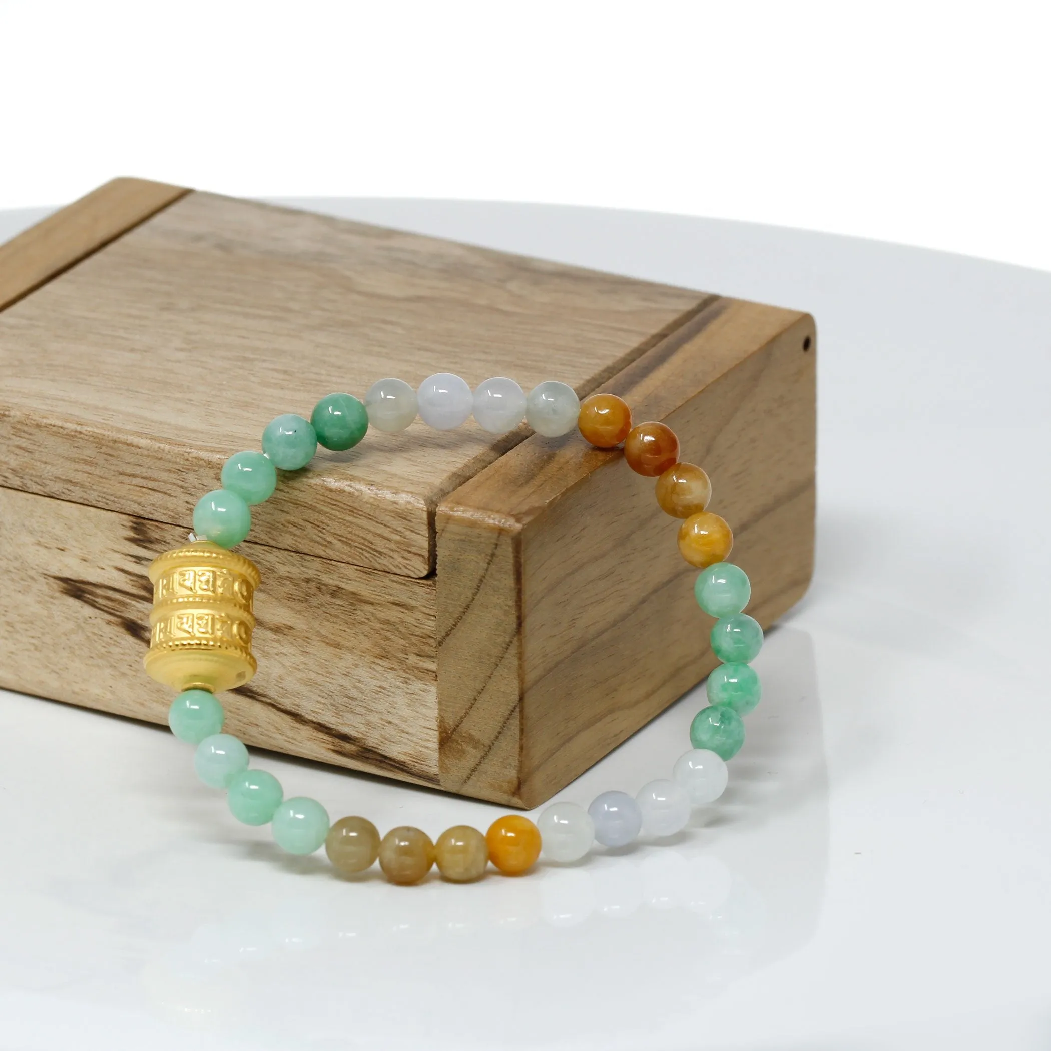 RealJade® "Prayer Wheel" Genuine High-quality Jade Jadeite Bracelet Bangle with 24k Yellow Gold Buddha Symbol ( Six Word Proverbs ) Charm #419