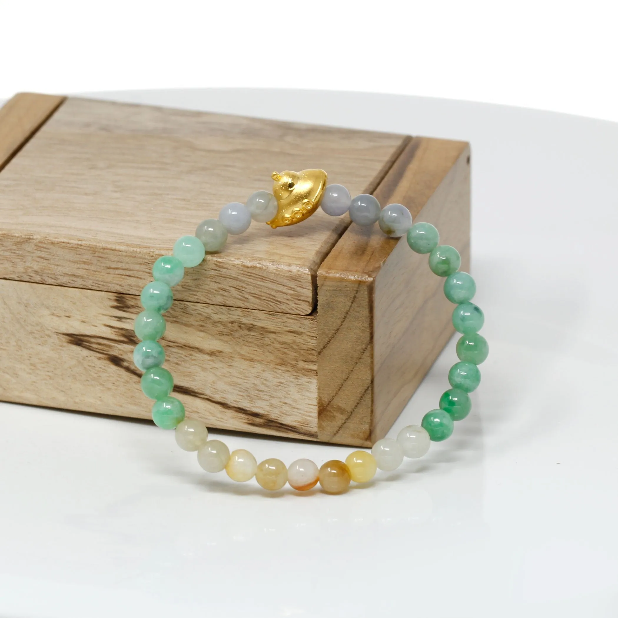 RealJade® "Submarine" Genuine High-quality Jade Jadeite Bracelet Bangle with 24k Yellow Gold UFO Charm Colorful #418