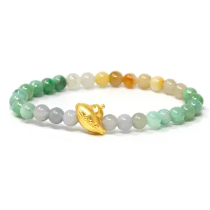 RealJade® "Submarine" Genuine High-quality Jade Jadeite Bracelet Bangle with 24k Yellow Gold UFO Charm Colorful #418