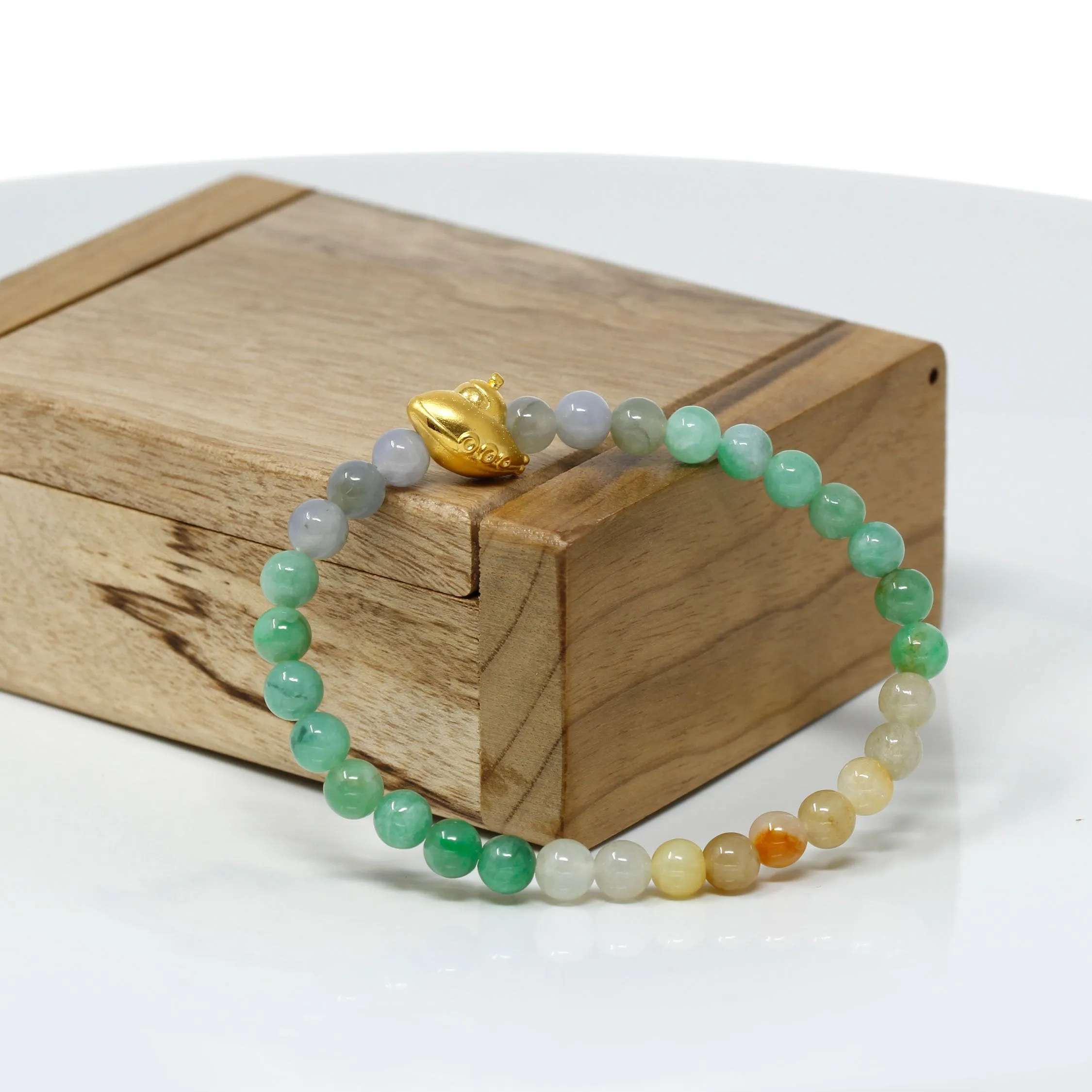 RealJade® "Submarine" Genuine High-quality Jade Jadeite Bracelet Bangle with 24k Yellow Gold UFO Charm Colorful #418