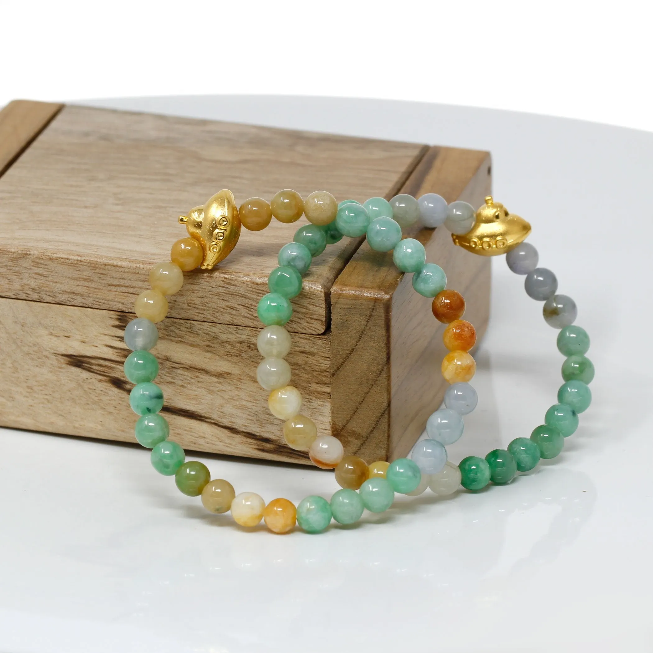 RealJade® "Submarine" Genuine High-quality Jade Jadeite Bracelet Bangle with 24k Yellow Gold UFO Charm Colorful #418