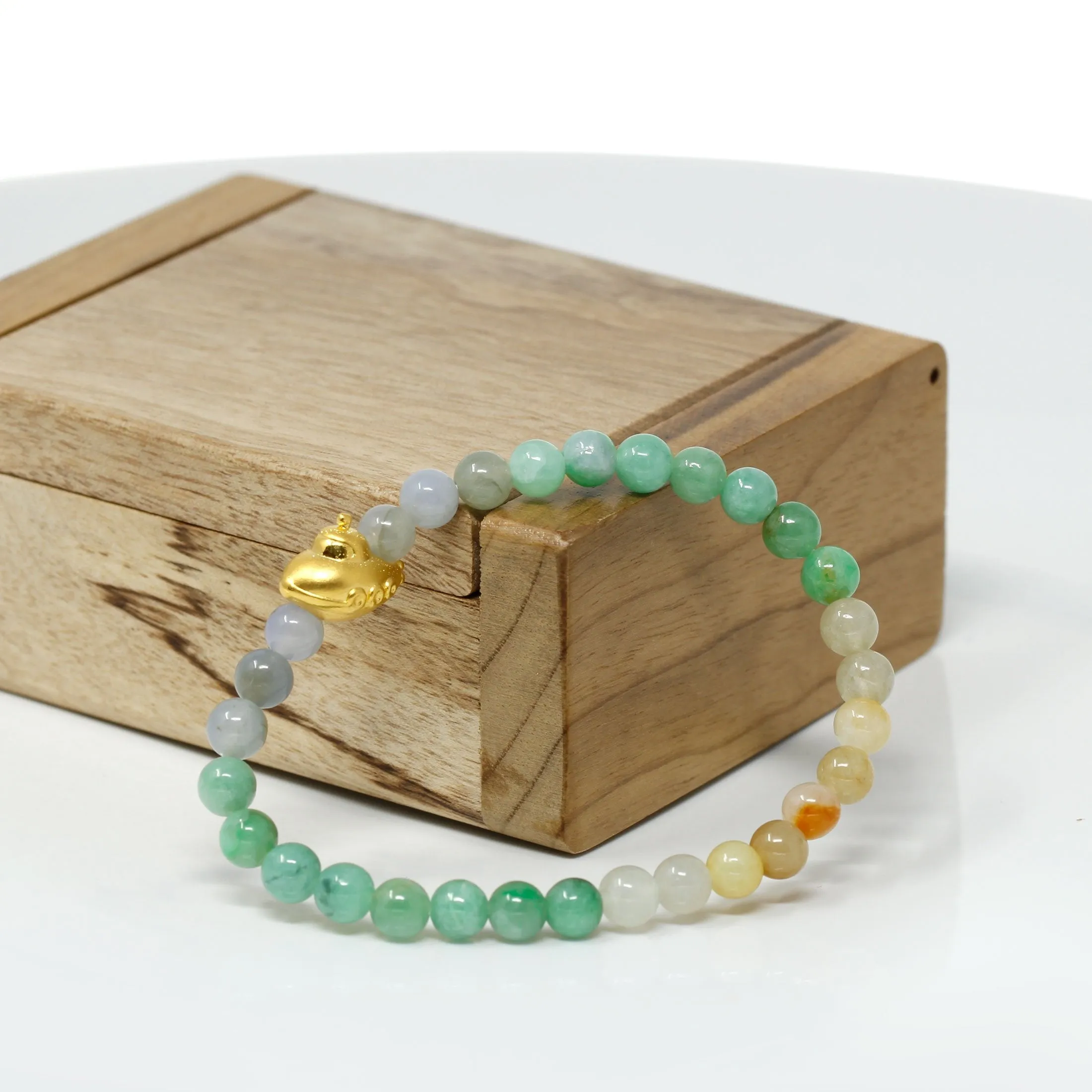 RealJade® "Submarine" Genuine High-quality Jade Jadeite Bracelet Bangle with 24k Yellow Gold UFO Charm Colorful #418