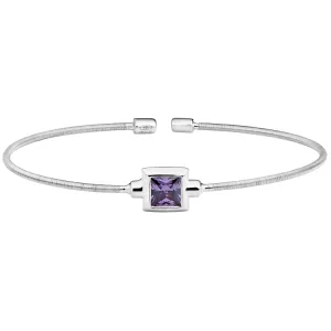 Rhodium Finish Sterling Silver Cable Cuff Bracelet with Princess Cut Simulated Light Amethyst Birth Gem