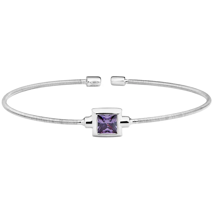 Rhodium Finish Sterling Silver Cable Cuff Bracelet with Princess Cut Simulated Light Amethyst Birth Gem