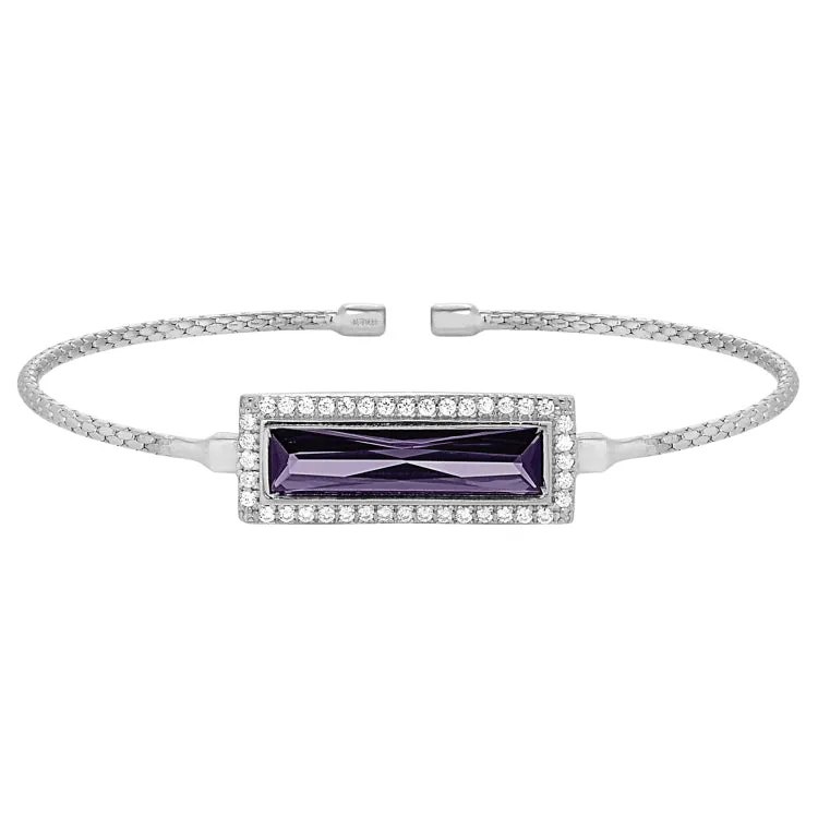 Rhodium Finish Sterling Silver Cable Cuff Bracelet with Rectangular Simulated Amethyst Stone and Simulated Diamonds