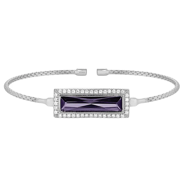 Rhodium Finish Sterling Silver Cable Cuff Bracelet with Rectangular Simulated Amethyst Stone and Simulated Diamonds