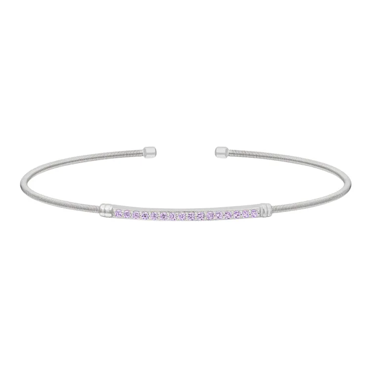 Rhodium Finish Sterling Silver Cable Cuff Bracelet with Simulated Light Amethyst Birth Gems - June