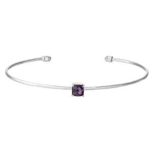 Rhodium Finish Sterling Silver Pliable Cuff Bracelet with Faceted Cushion Cut Simulated Amethyst Birth Gem - February