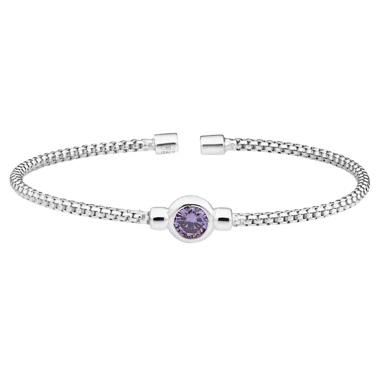 Rhodium Finish Sterling Silver Rounded Box Link Cuff Bracelet with Bezel Set Simulated Light Amethyst Birth Gem