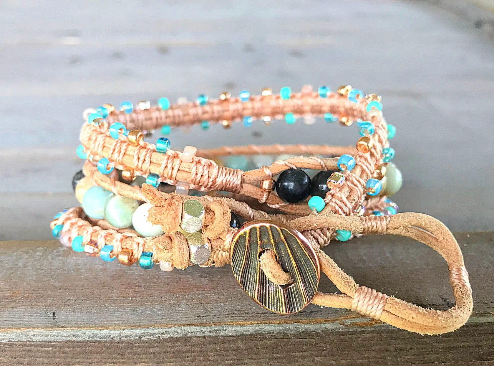 Rose gold Amazonite and Macrame Boho 3x wrap bracelet