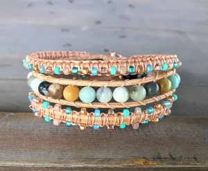 Rose gold Amazonite and Macrame Boho 3x wrap bracelet